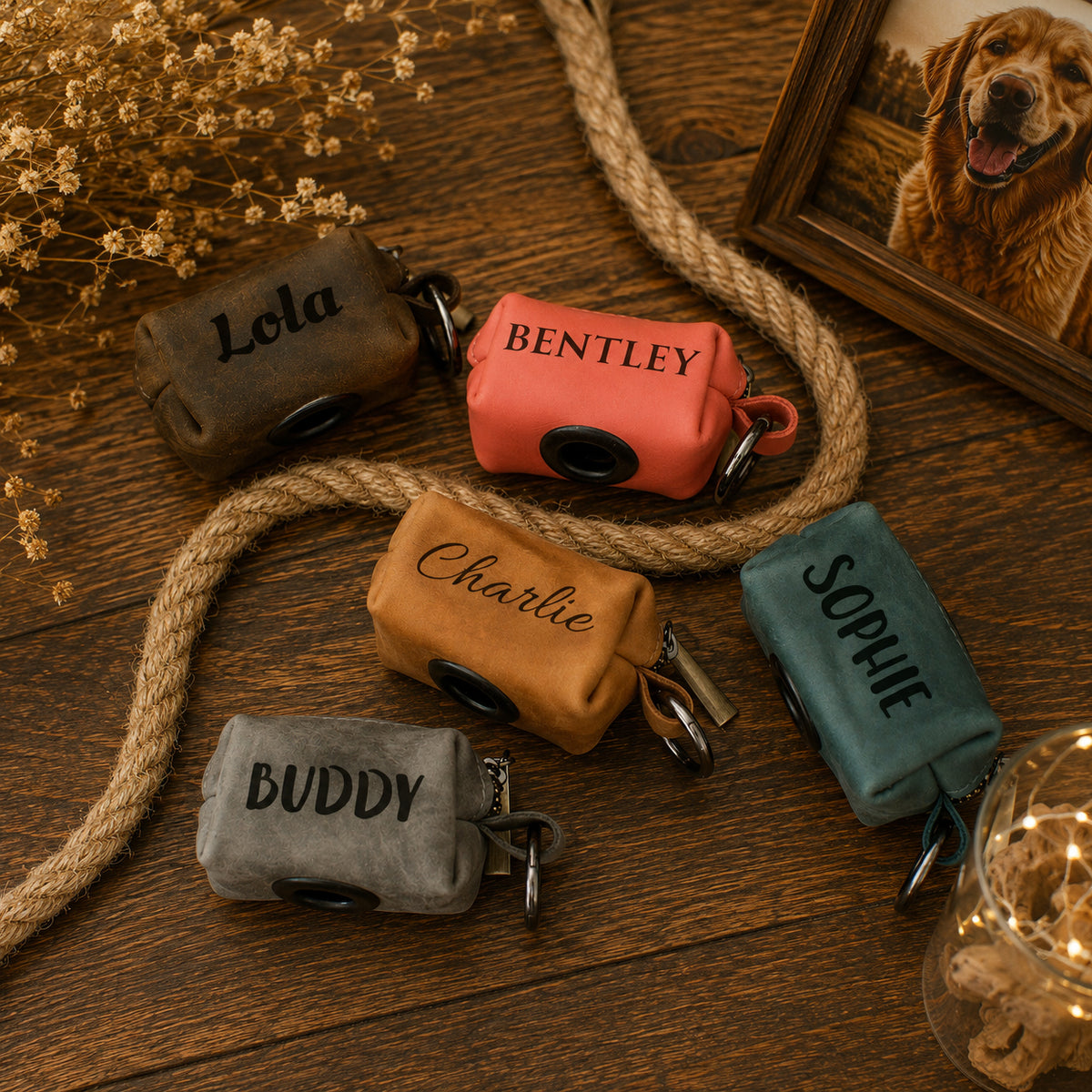 Five personalized dog poop bags in different colors (brown, coral, tan, teal, and gray) with custom names printed on them, arranged on a wooden table with decorative rope, dried flowers, and a picture frame.