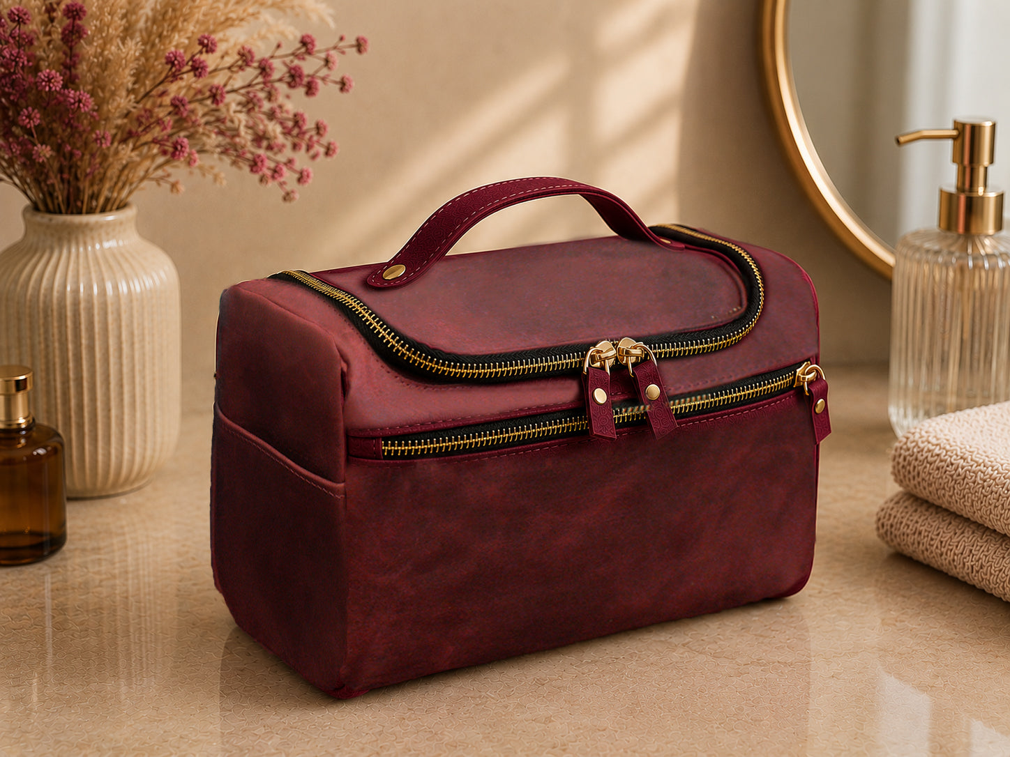 Maroon toiletry bag on a bathroom counter with decorative elements