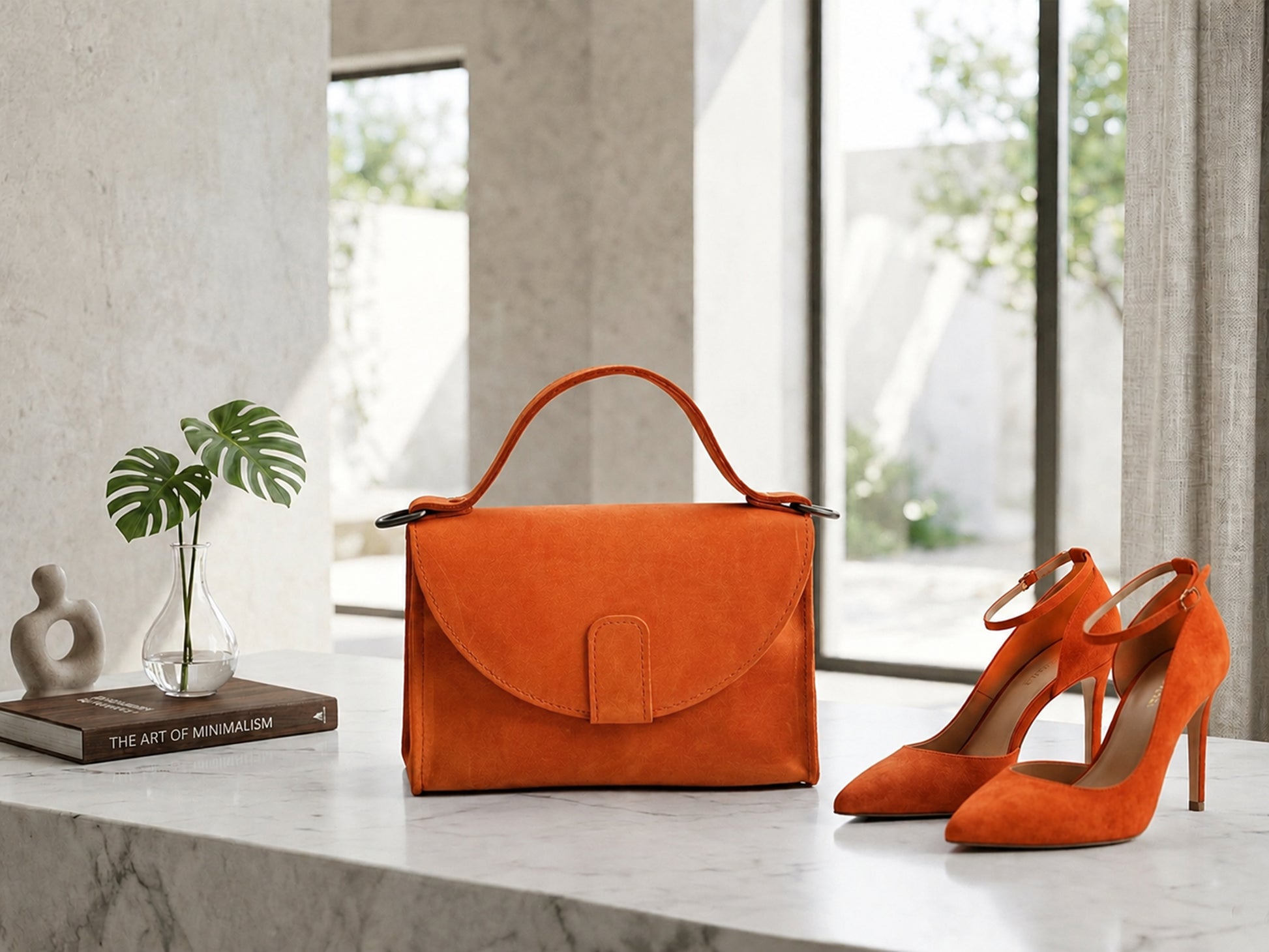 Orange handbag and high heels on a marble surface with a blurred outdoor background