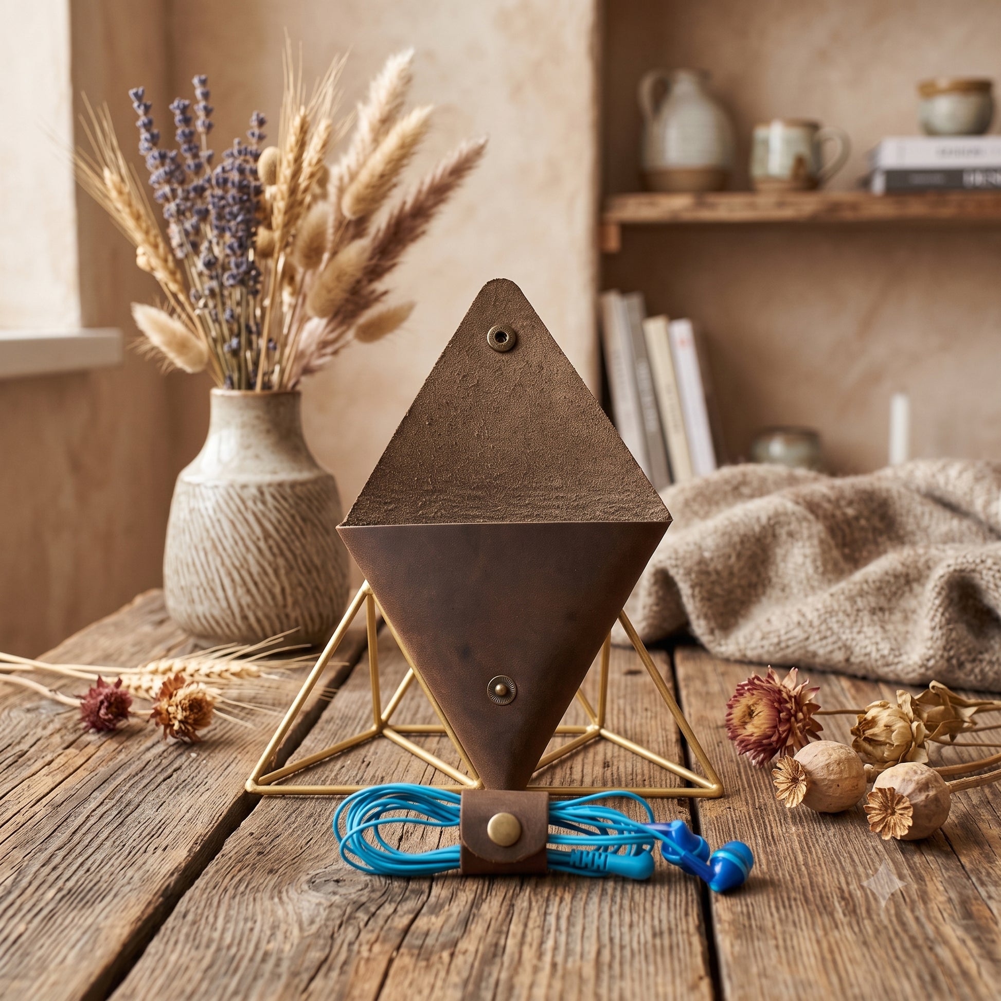 A rustic metal pyramid-shaped wall clock with a geometric gold frame and a blue cord, styled on a wooden table with dried flowers and a cozy background.