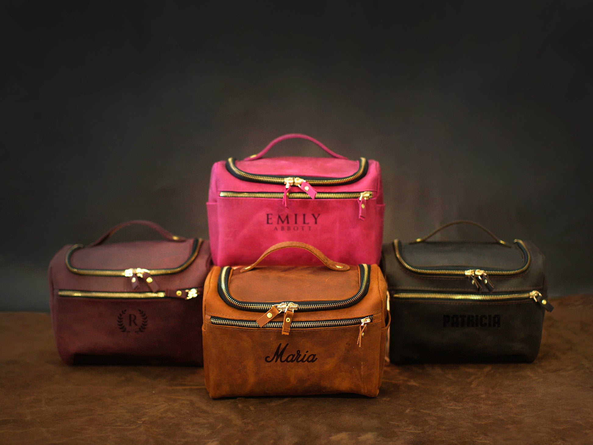 Premium leather cosmetic bag with name stamp, warm earthy tone