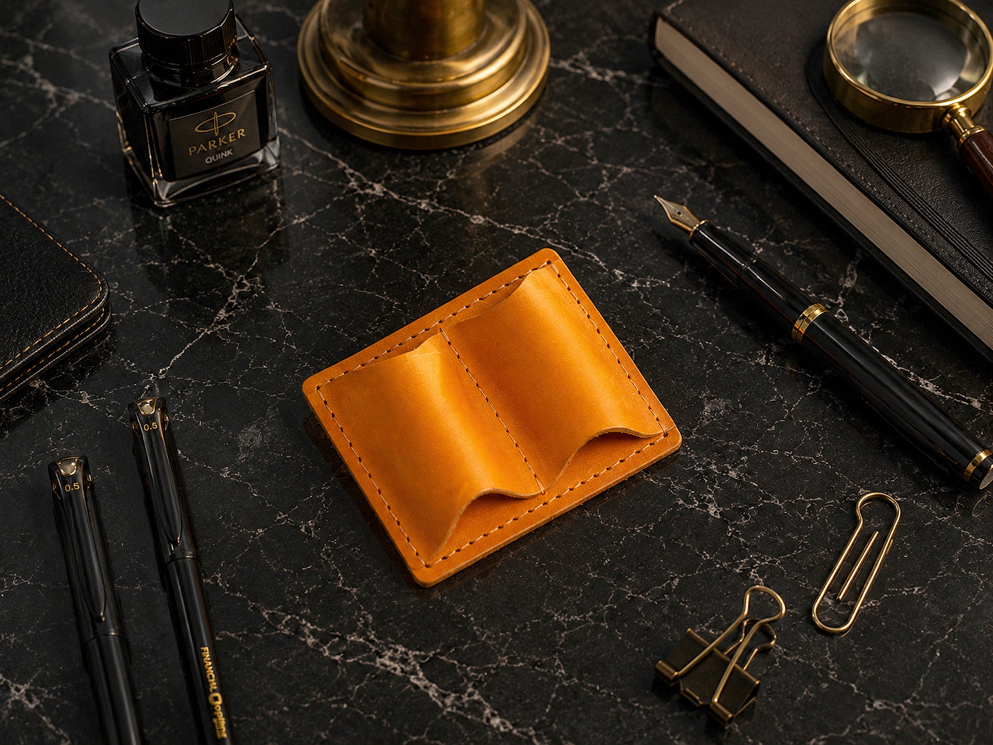 Leather pen holder with personalized stamp, compact stationery accessory