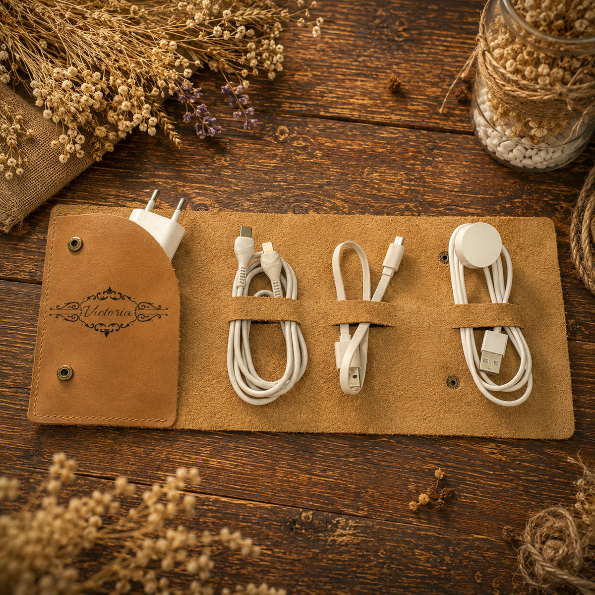 A tan faux-leather roll-up organizer laid on a rustic wooden surface, holding three white cables with a white charging adapter tucked into the left pocket. The pocket is stitched with a visible brand mark reading 'Victoria'.