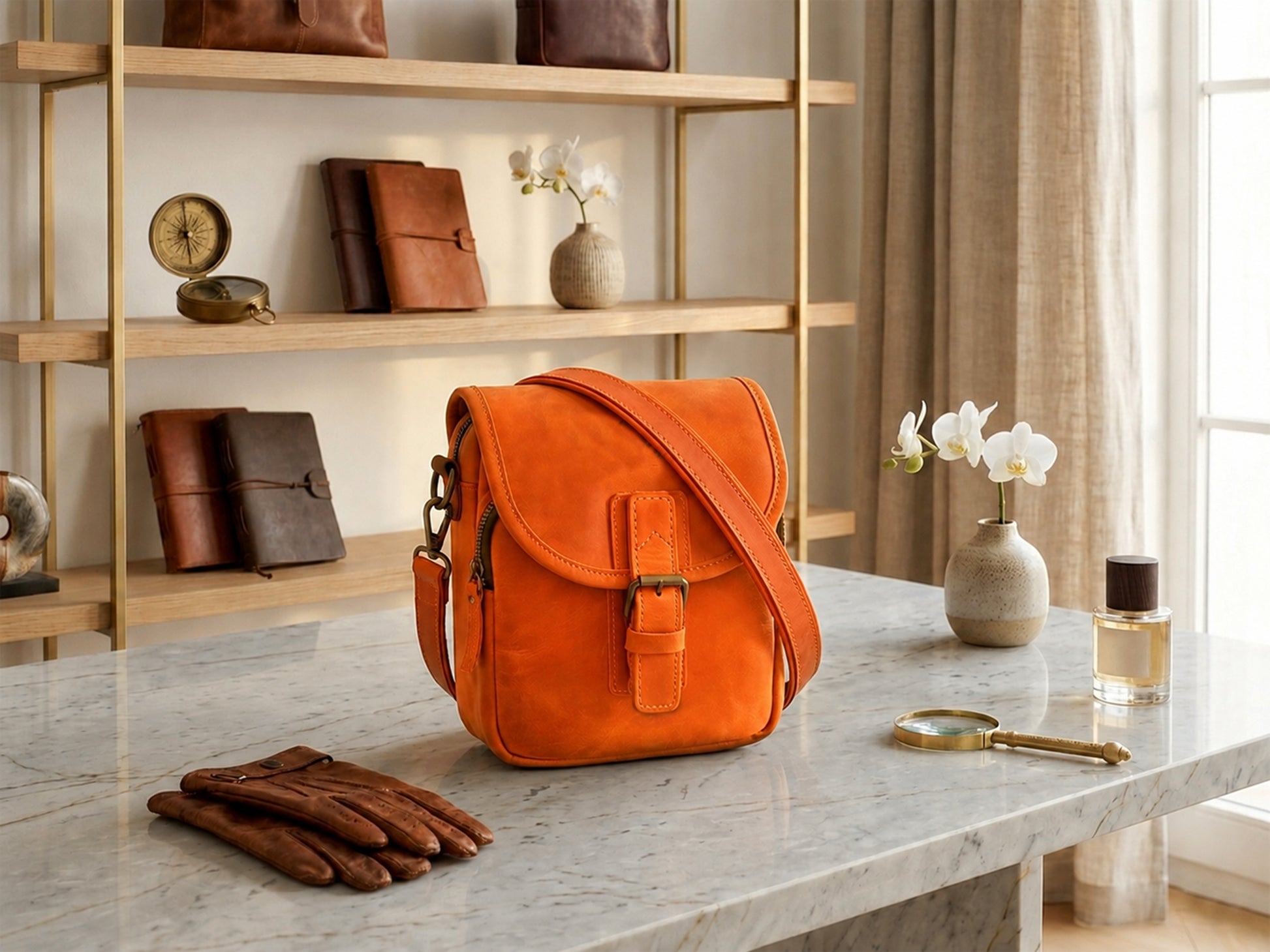 Orange leather bag on a marble surface with decorative items in the background
