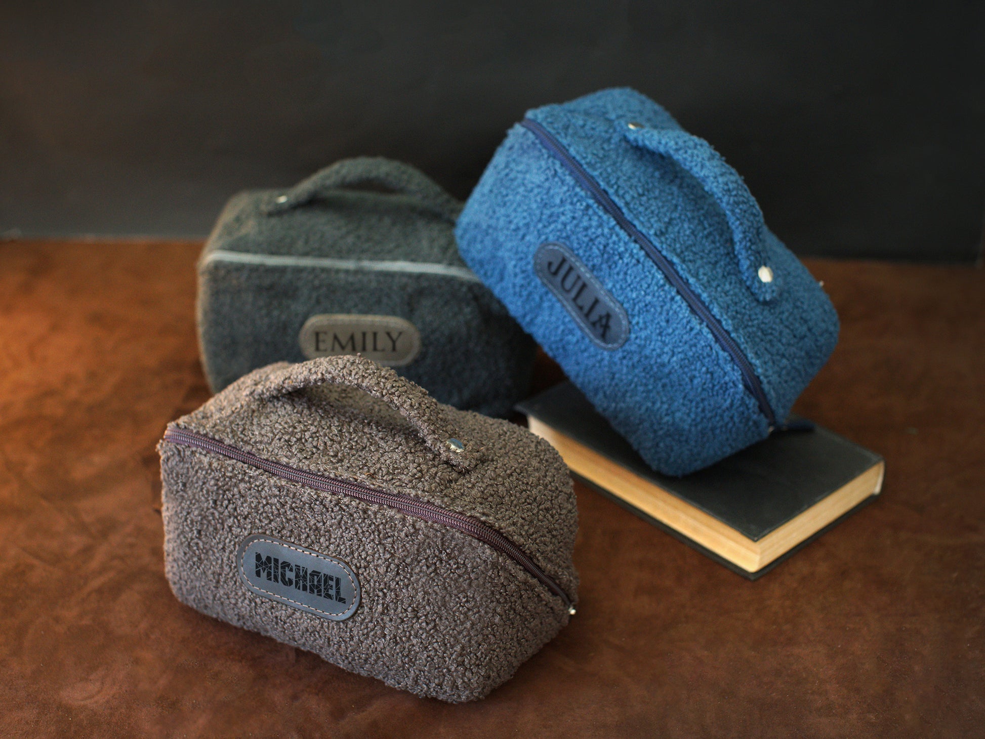 Premium sherpa toiletry bag with name stamp, soft plush texture