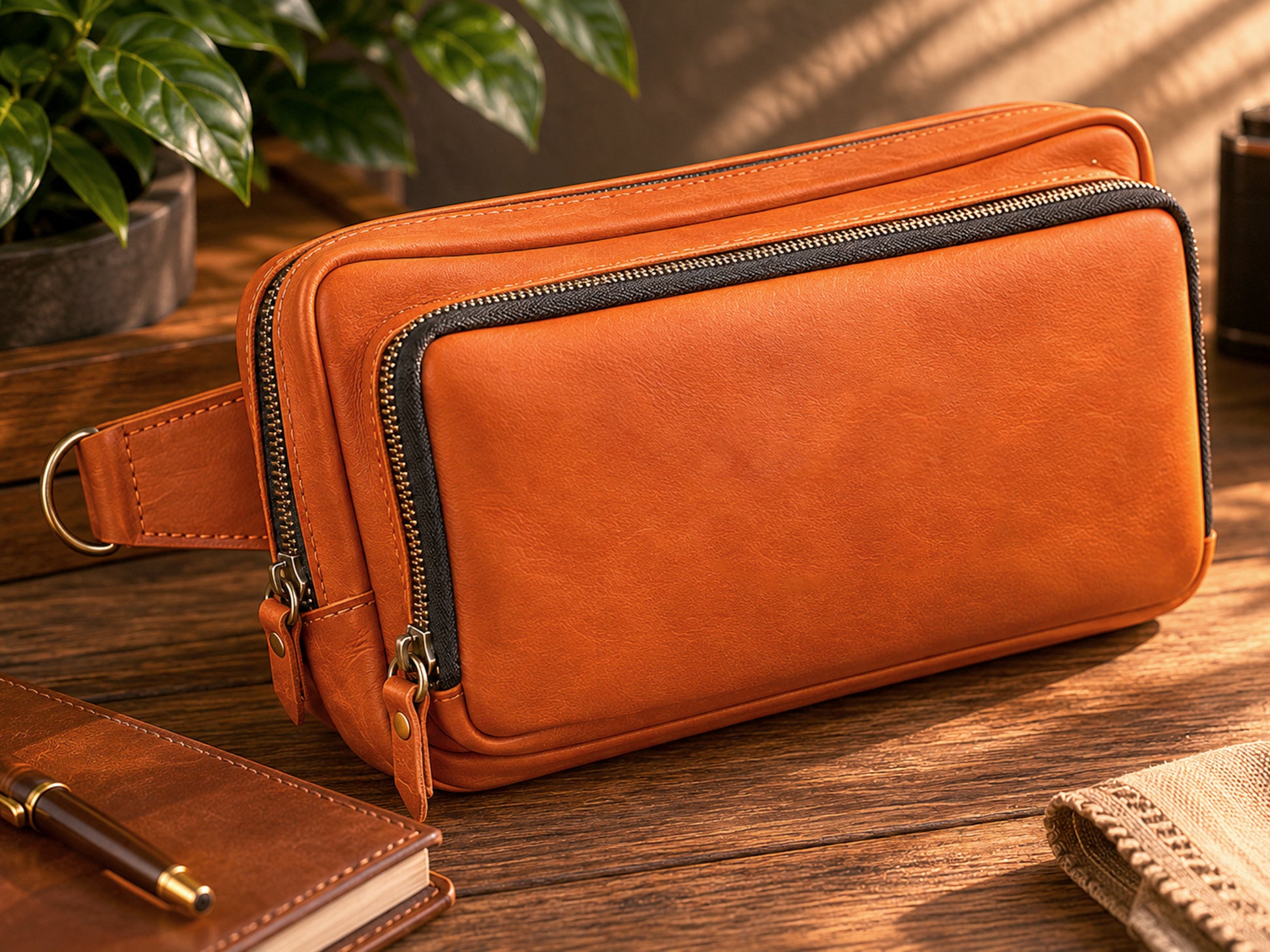 Orange leather crossbody bag on a wooden surface with a plant in the background