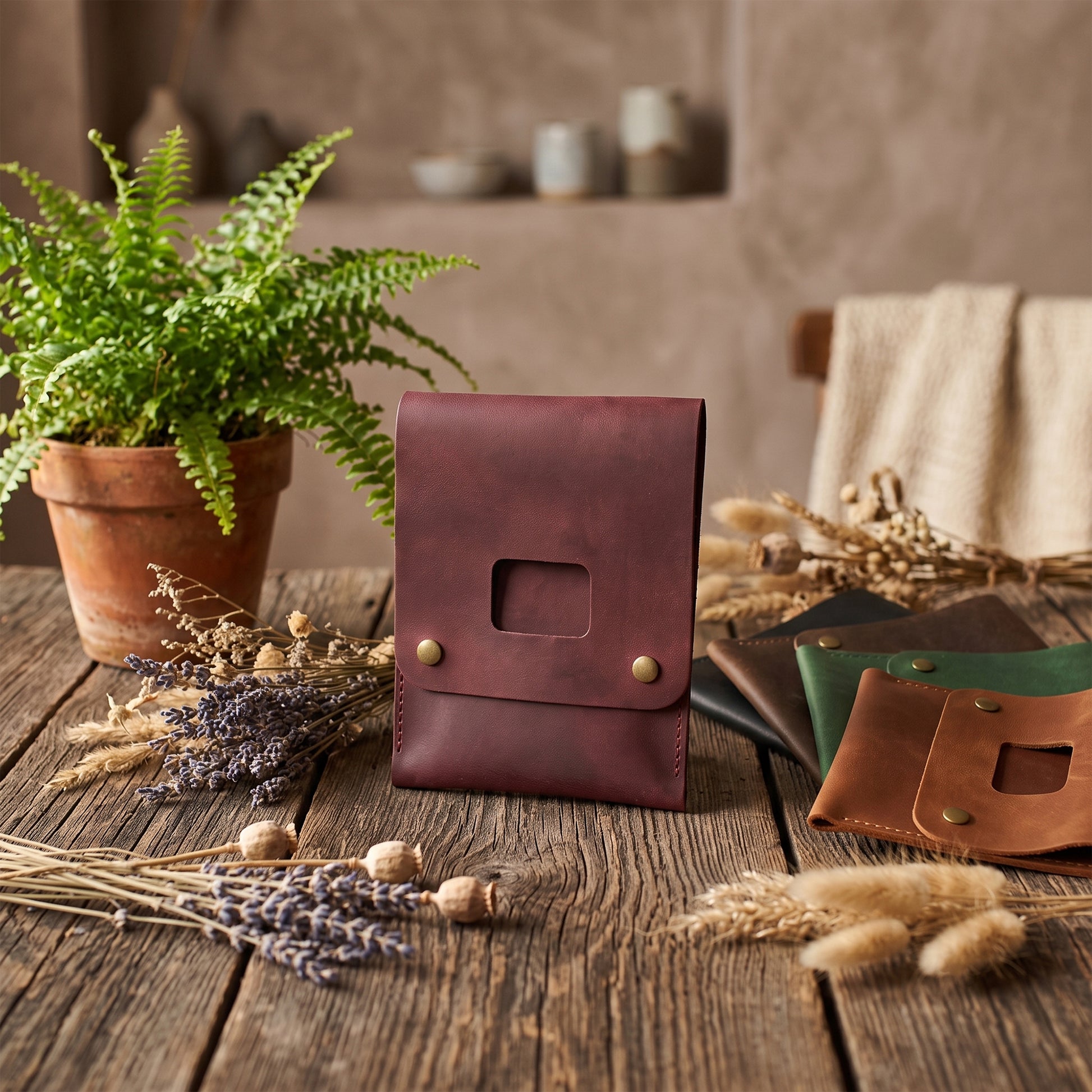 A dark burgundy leather organizer pouch with a cutout window and brass snap buttons, displayed on a rustic wooden table alongside dried flowers, a potted fern, and other leather pouches in green and brown.