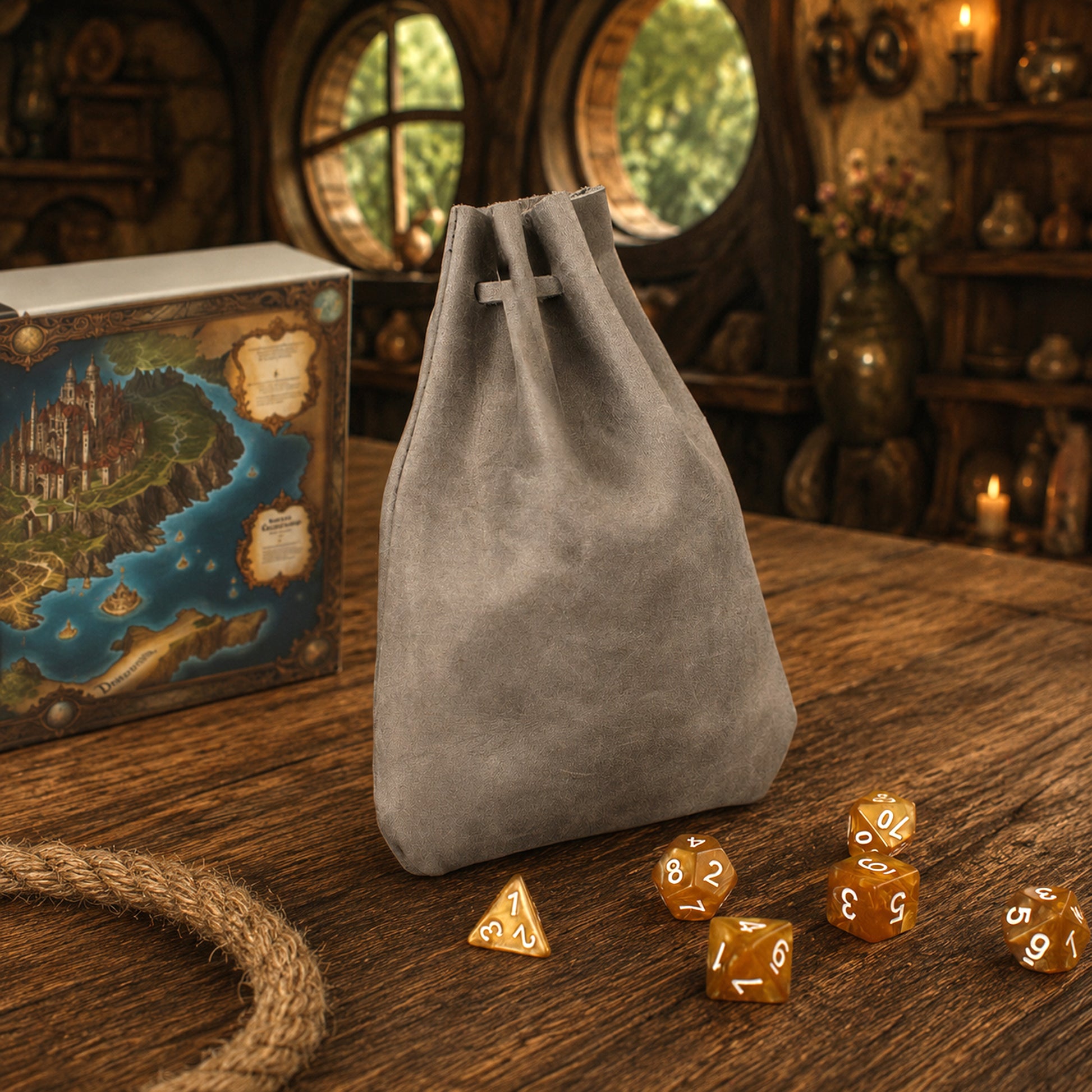A gray drawstring pouch bag stands on a wooden table, with several translucent amber polyhedral dice scattered in front and a decorative map box to the left. The scene is styled in a fantasy-themed interior with warm lighting and round windows in the background.
