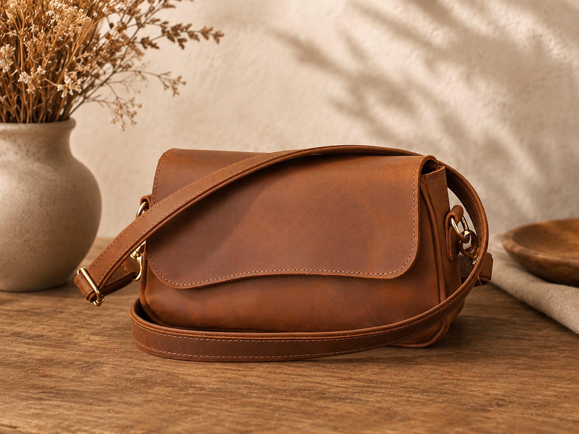 Brown leather bag on a wooden surface with a vase of dried flowers in the background