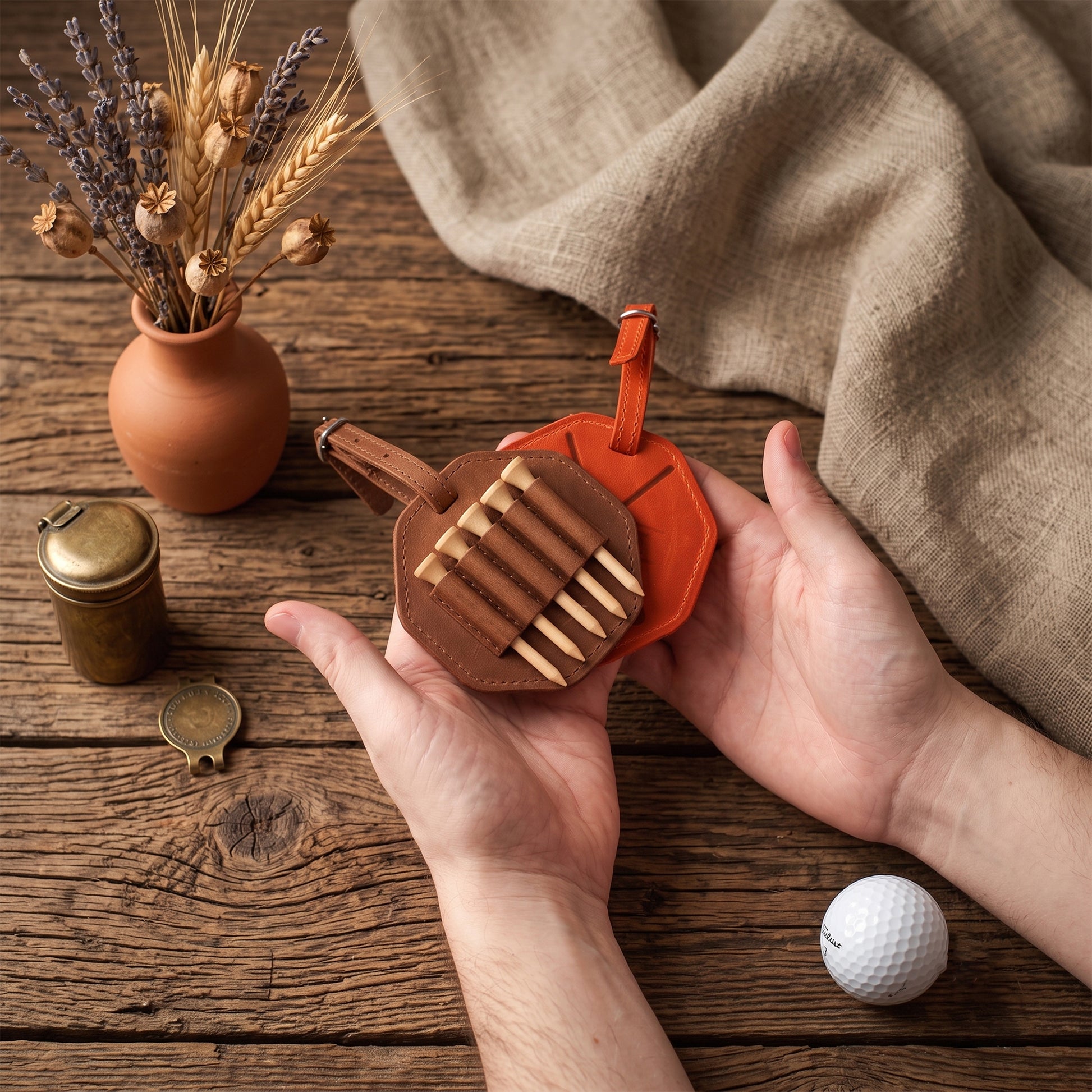 A person's hands holding a brown leather golf club head cover with a bright orange loop, displayed on a rustic wooden table with a golf ball, a small clay pot with dried wheat, and a burlap cloth.