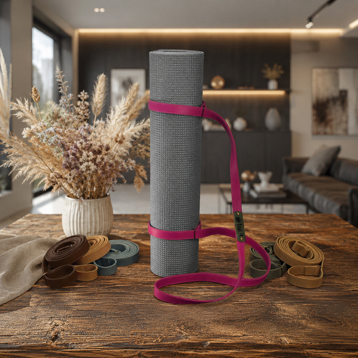 A gray textured yoga mat rolled upright on a wooden table, wrapped with a bright pink strap. Additional rolled straps in brown, tan, blue, and green are arranged around it, with a blurred living room interior in the background.