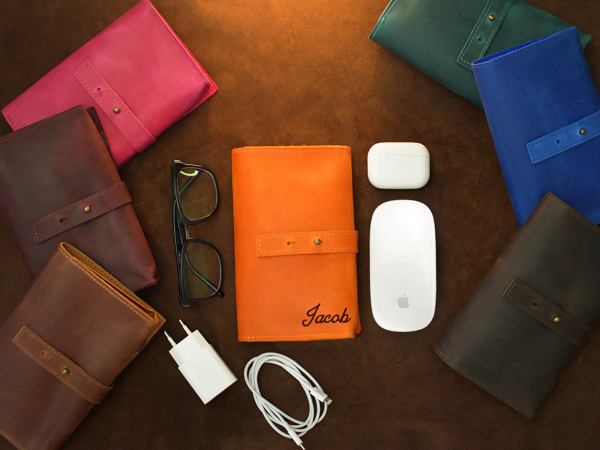 Premium leather cable roll with name stamp, warm earthy tone