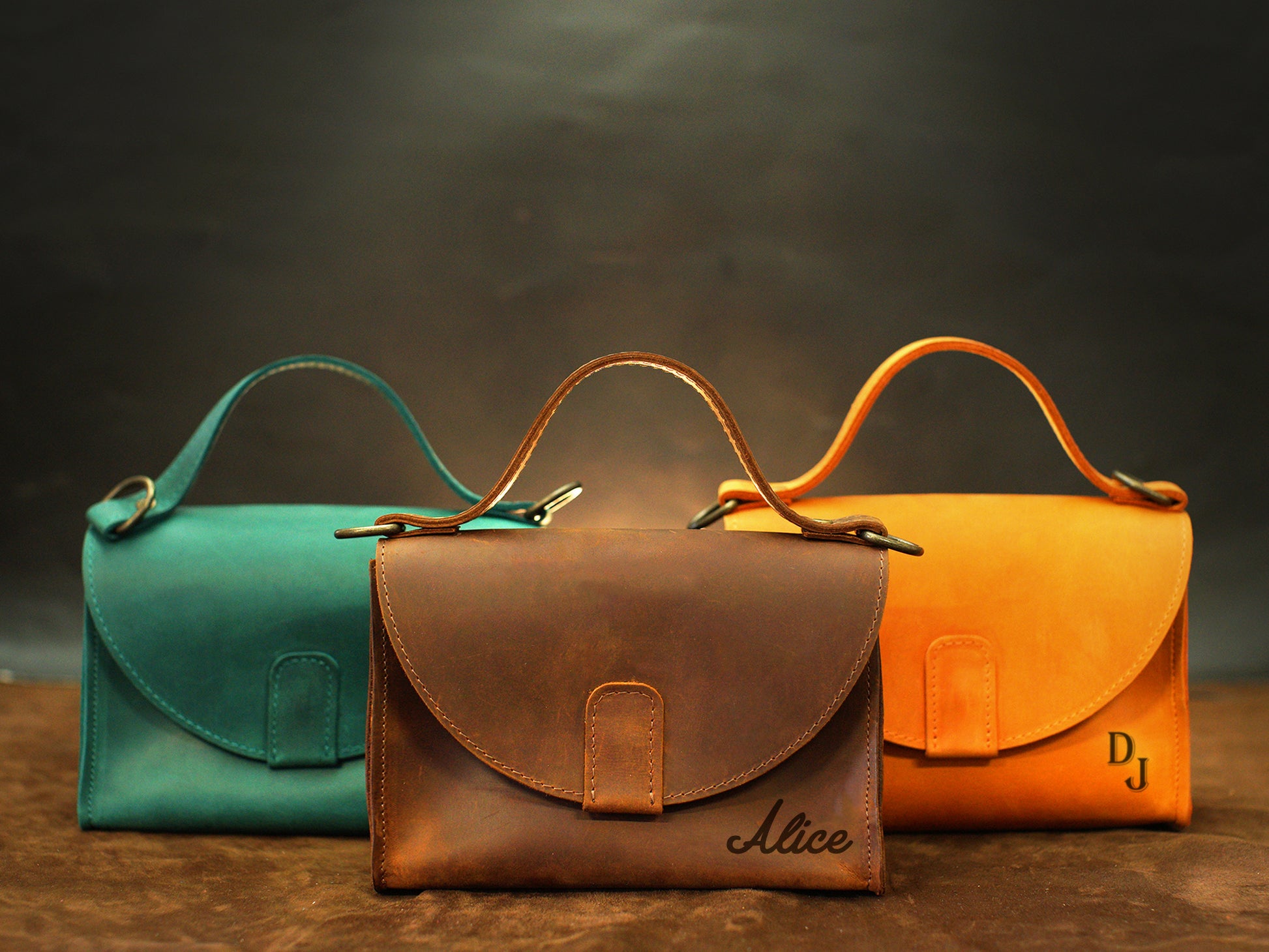 Premium leather structured handbag with name stamp, warm earthy tone