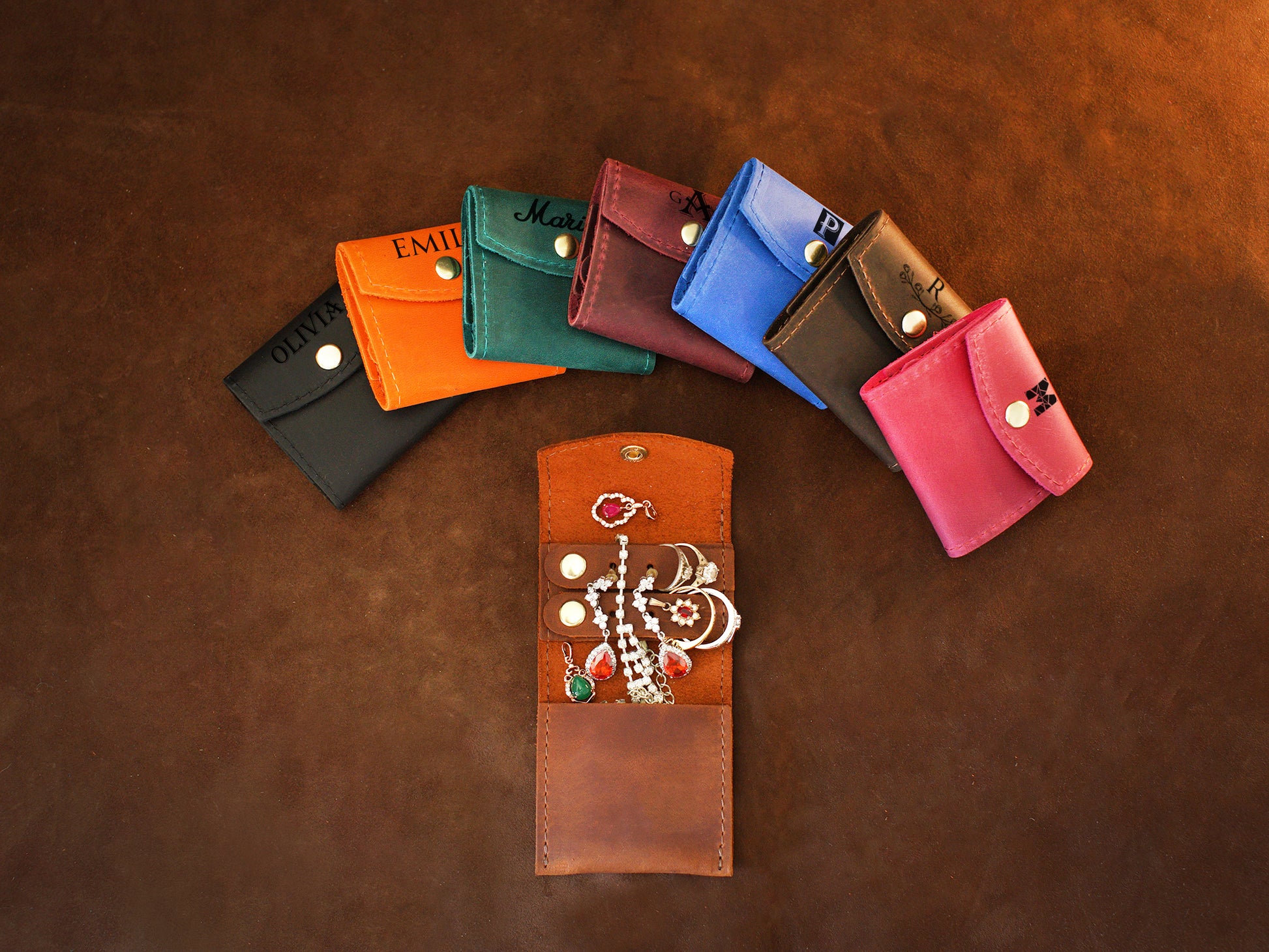 Premium leather jewelry pouch with name stamp, warm earthy tone