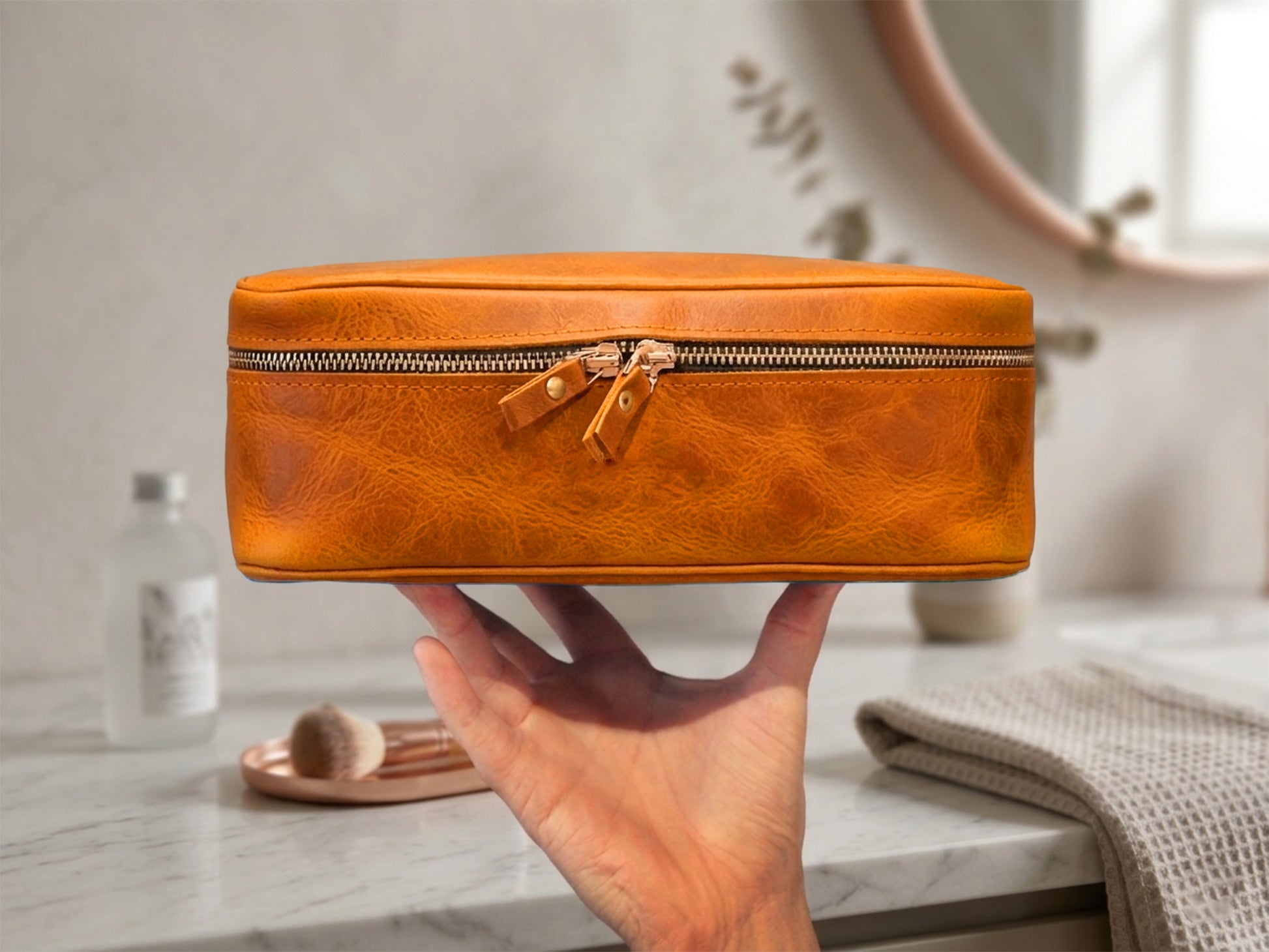Leather lingerie pouch with personalized stamp, compact travel organizer