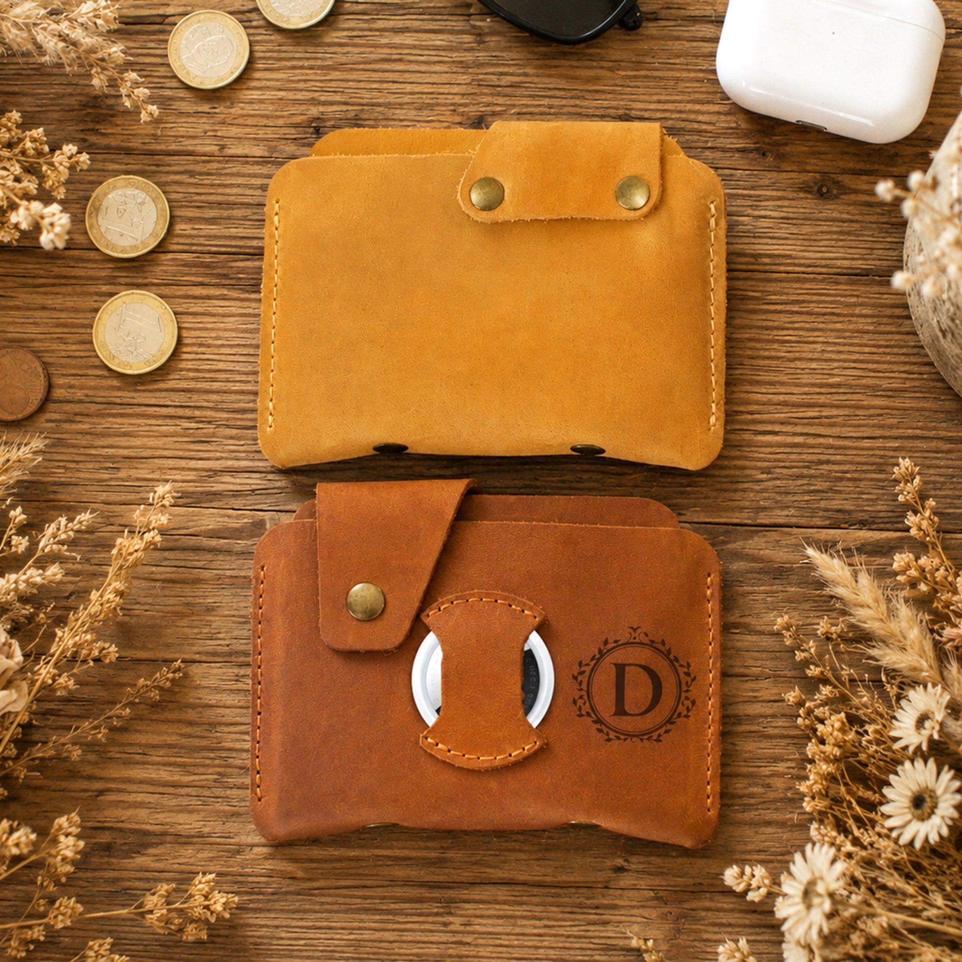 Premium leather AirTag bifold with name stamp, warm earthy tone