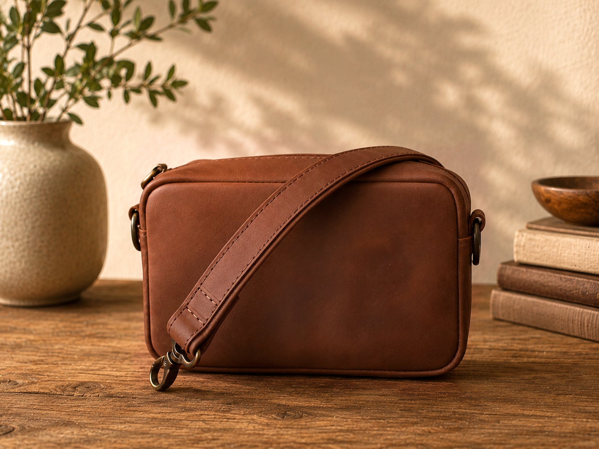 Brown leather crossbody bag on a wooden surface with a neutral background