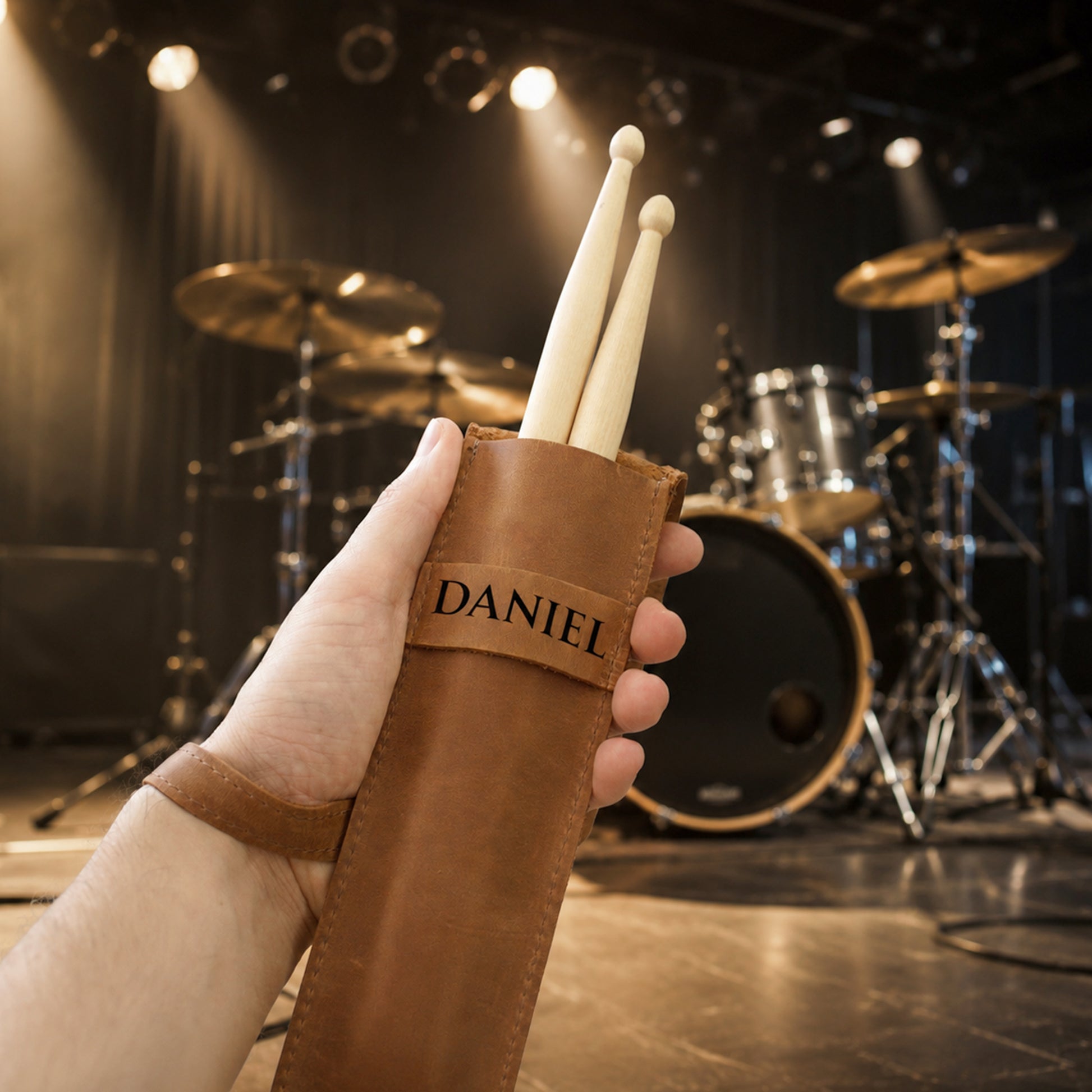 A hand holding a brown leather drumstick pouch with two wooden drumsticks inside. The pouch has a strap with the name 'DANIEL' printed on it.