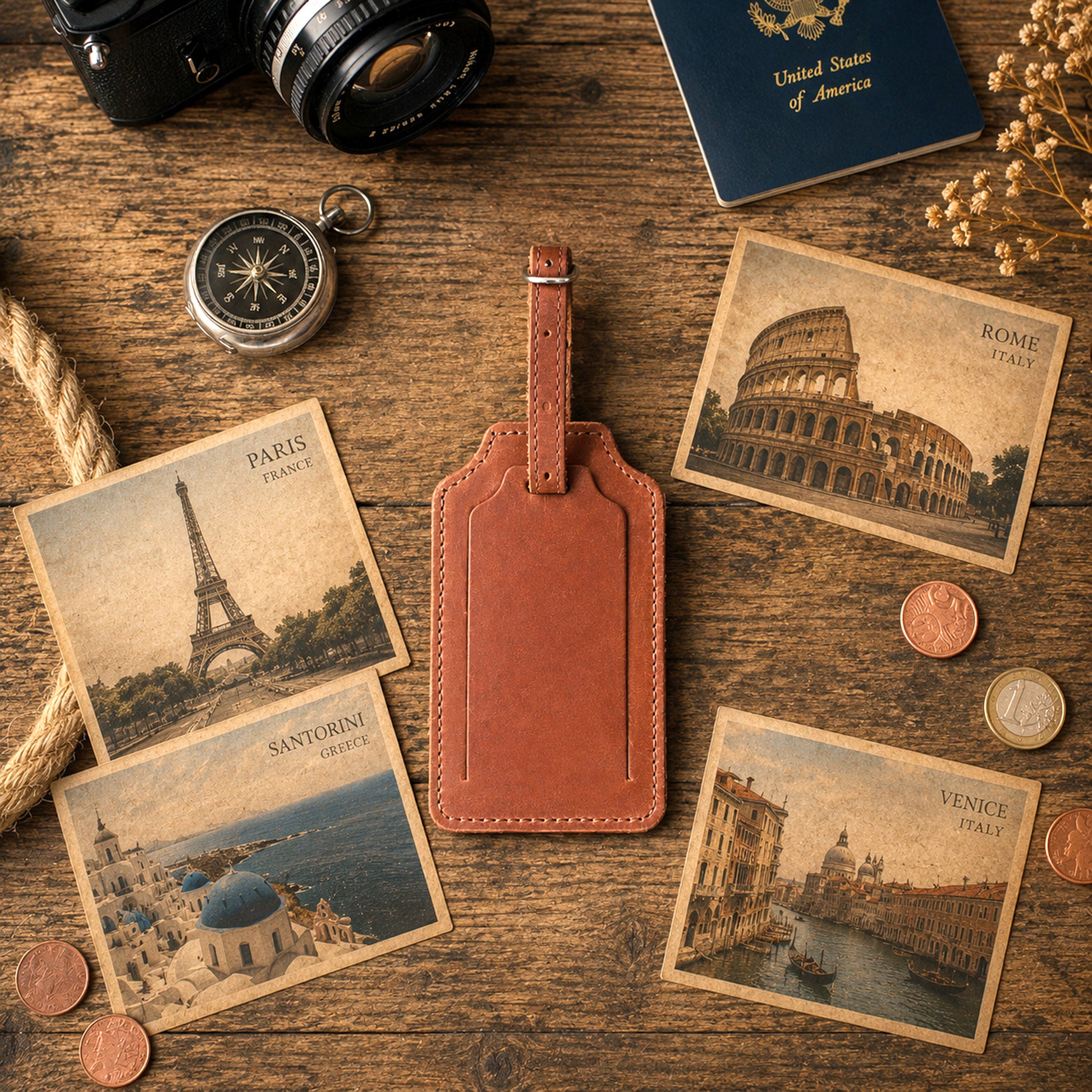 A brown leather luggage tag with a blank nameplate is arranged on a rustic wooden table, surrounded by travel-themed props including vintage postcards of Paris, Rome, Santorini, and Venice, a compass, a camera, coins, and a passport.