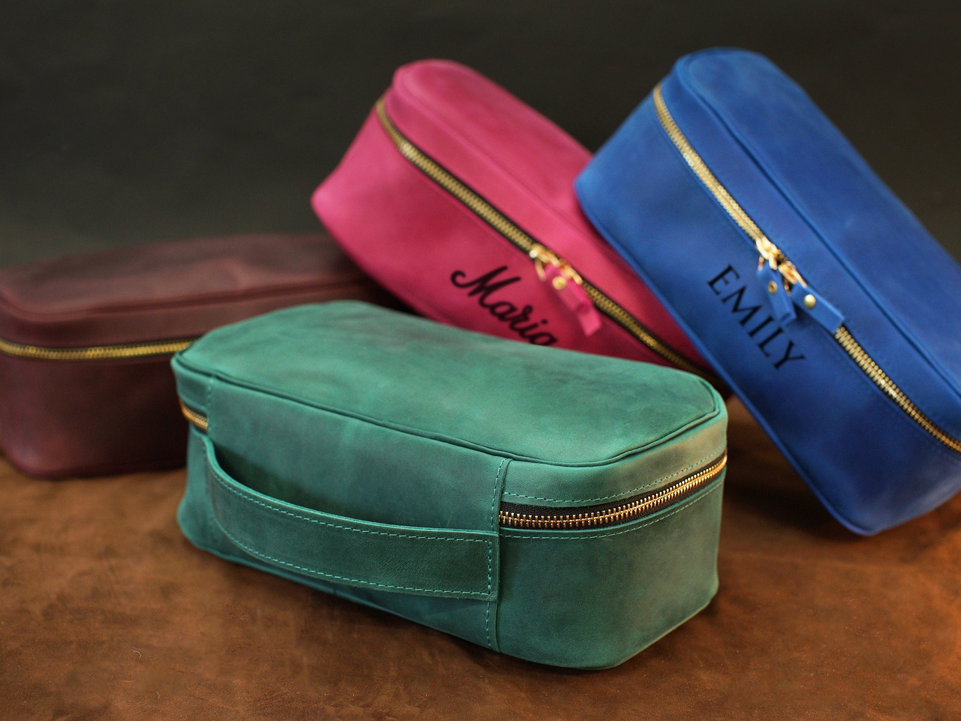 Close-up of leather delicates case zipper and hardware detail