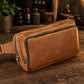 Brown leather bag on a wooden surface with a rustic background