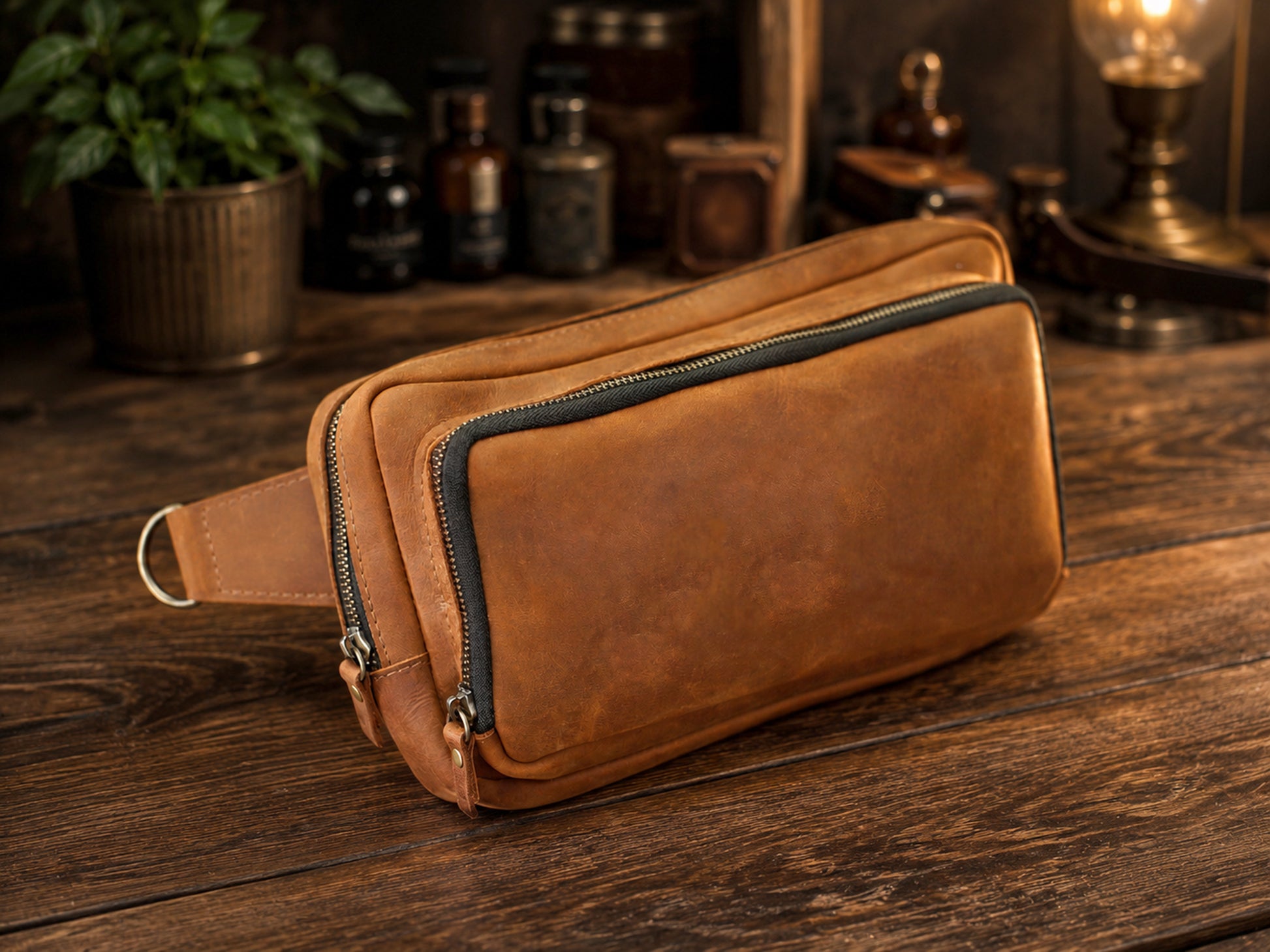 Brown leather bag on a wooden surface with a rustic background