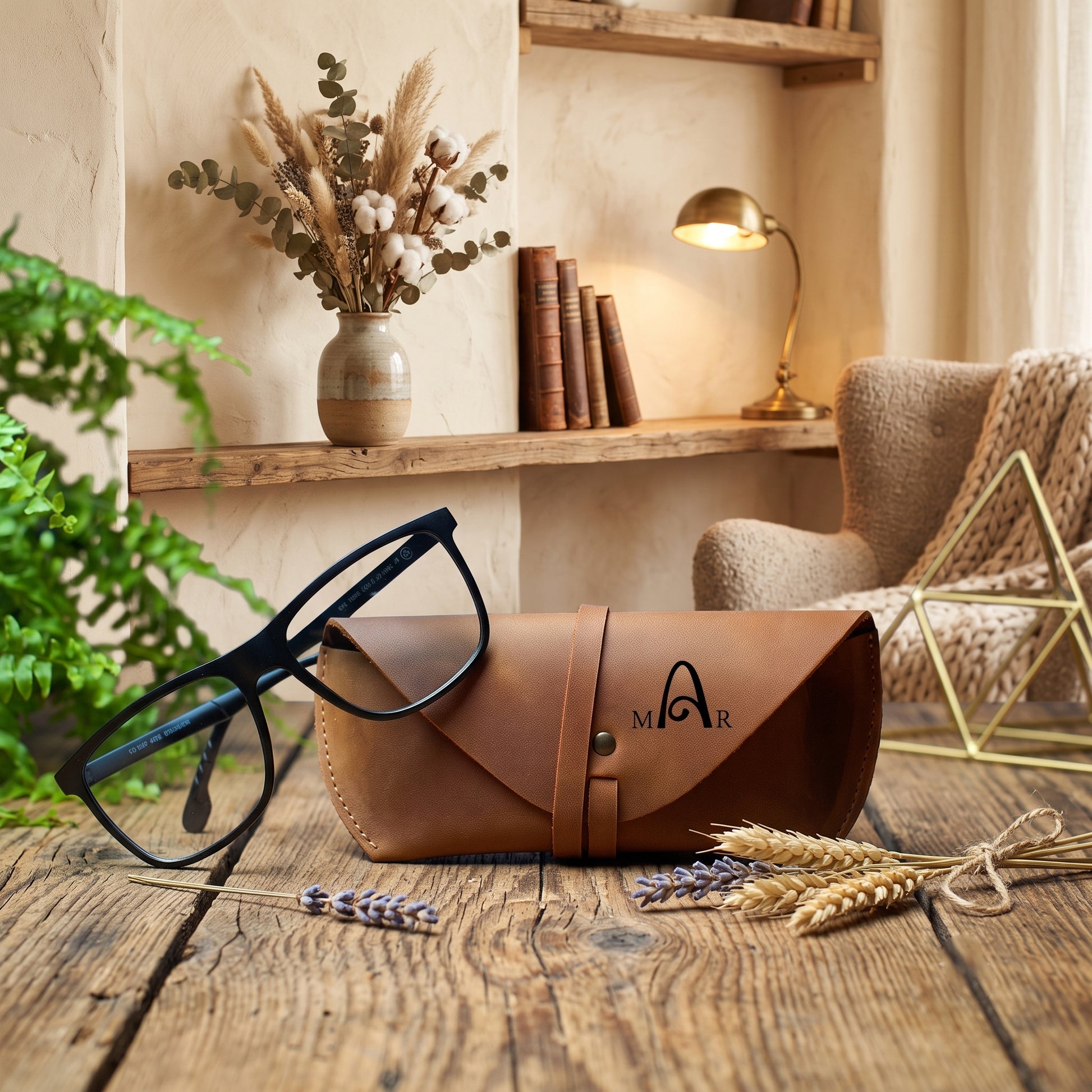 Black-framed eyeglasses resting on a brown leather eyeglasses case with a visible MAR logo, placed on a rustic wooden tabletop in a warm, styled room setting with books, a lamp, dried flowers, and a chair in the background.