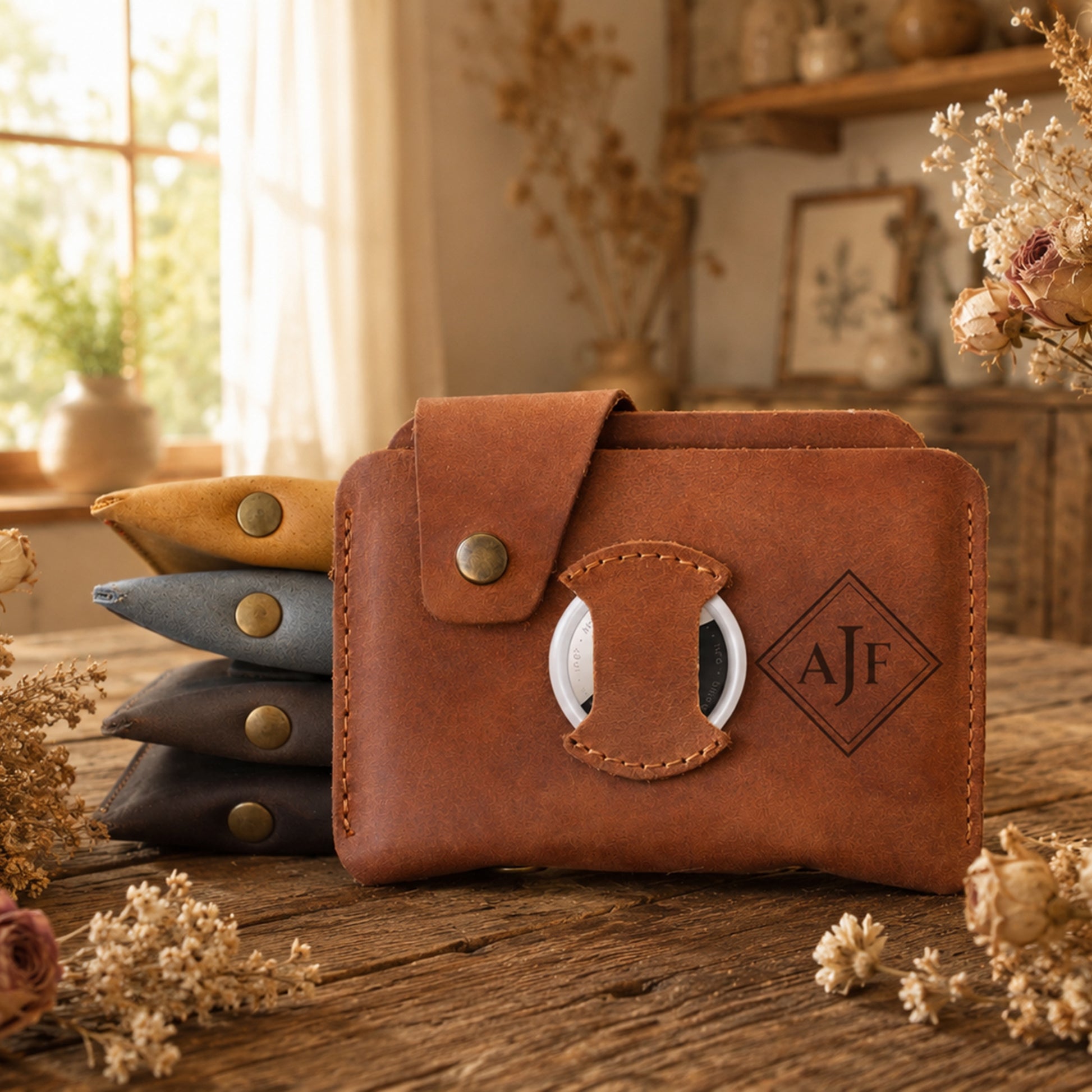 Close-up of leather wallet AirTag compartment and stitching detail