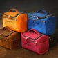 Close-up of large leather toiletry case zipper and hardware detail