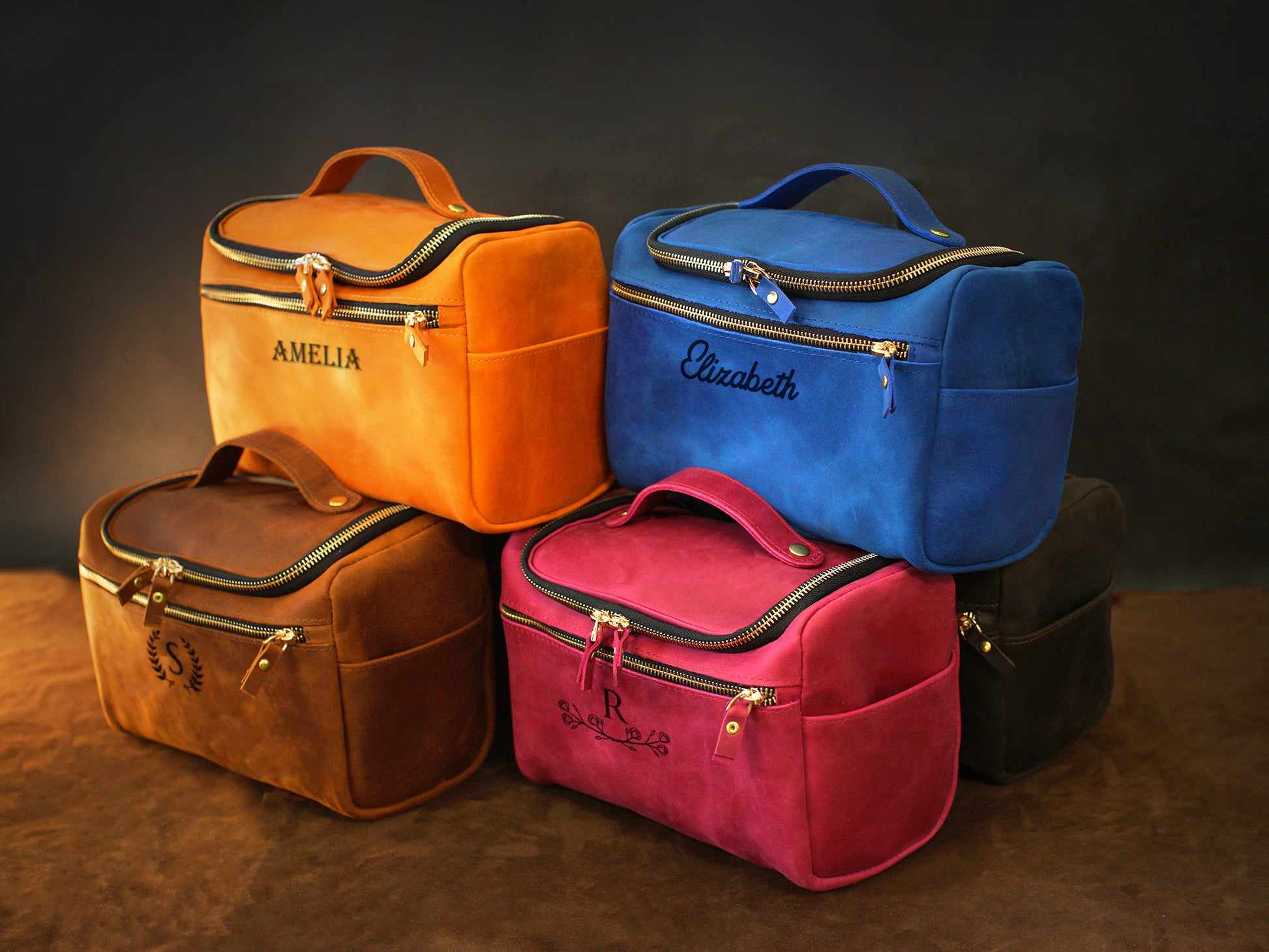 Close-up of large leather toiletry case zipper and hardware detail