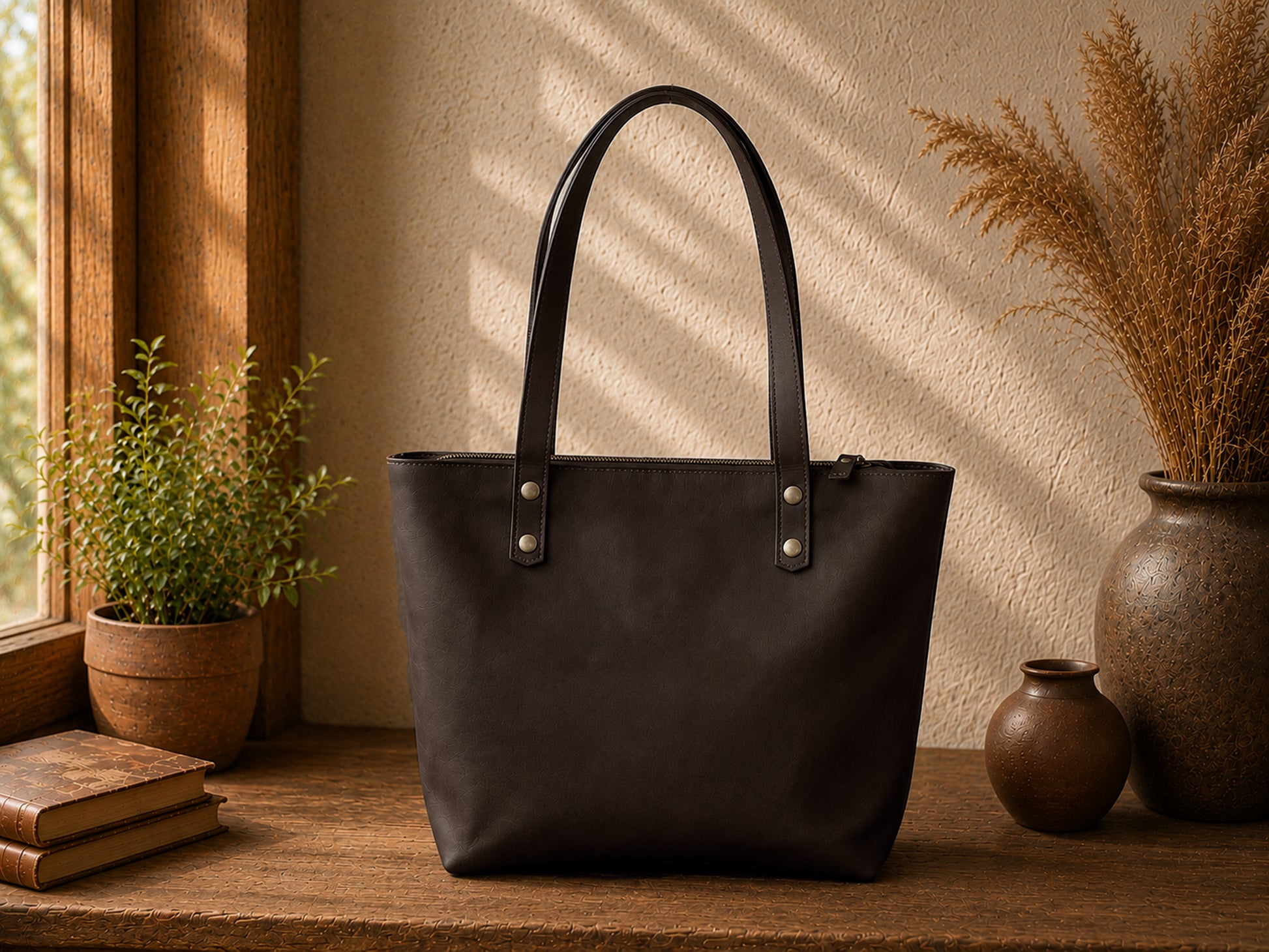 Black leather tote bag on a wooden surface with decorative plants and vases.