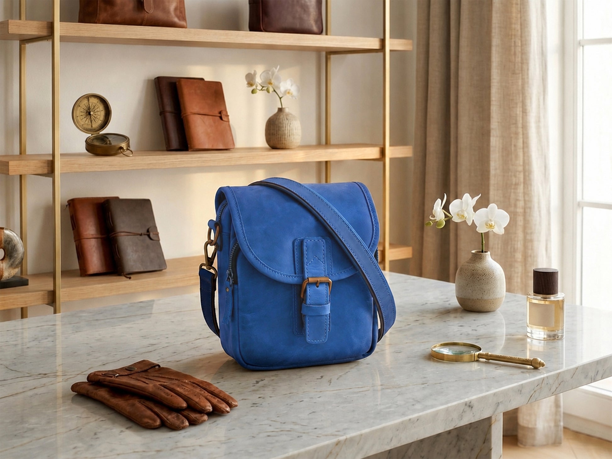 Blue satchel bag on a marble table with decorative items in the background