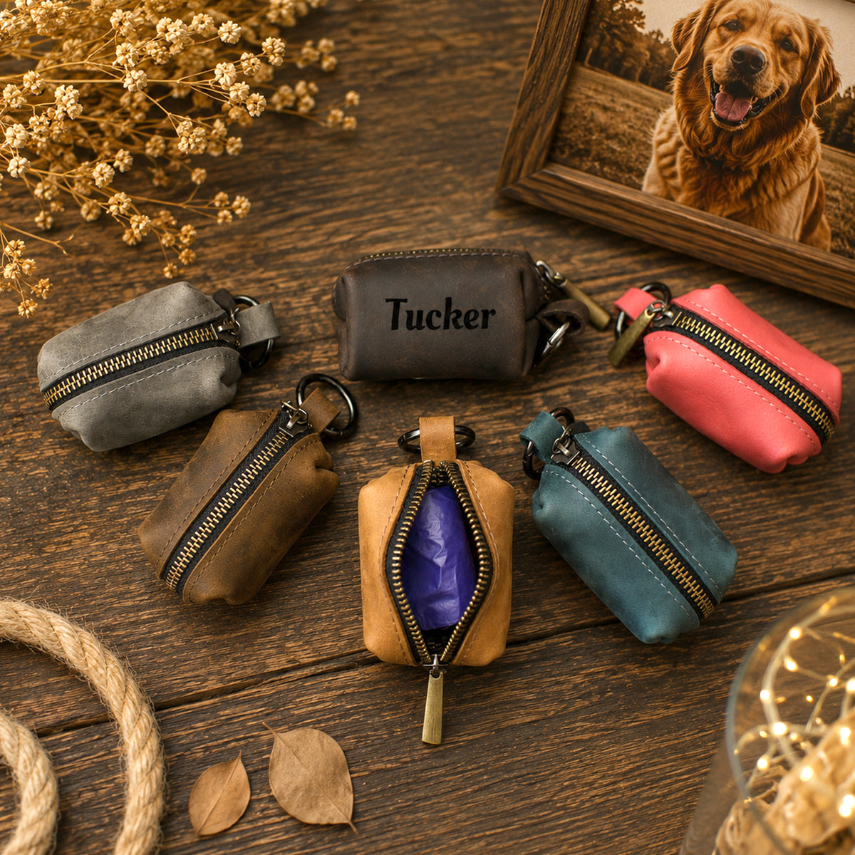 Six small zippered leather pouches in different colors are arranged on a rustic wooden surface with decorative dried flowers, rope, leaves, and a framed photo of a dog. One pouch is personalized with the name 'Tucker' in black script.