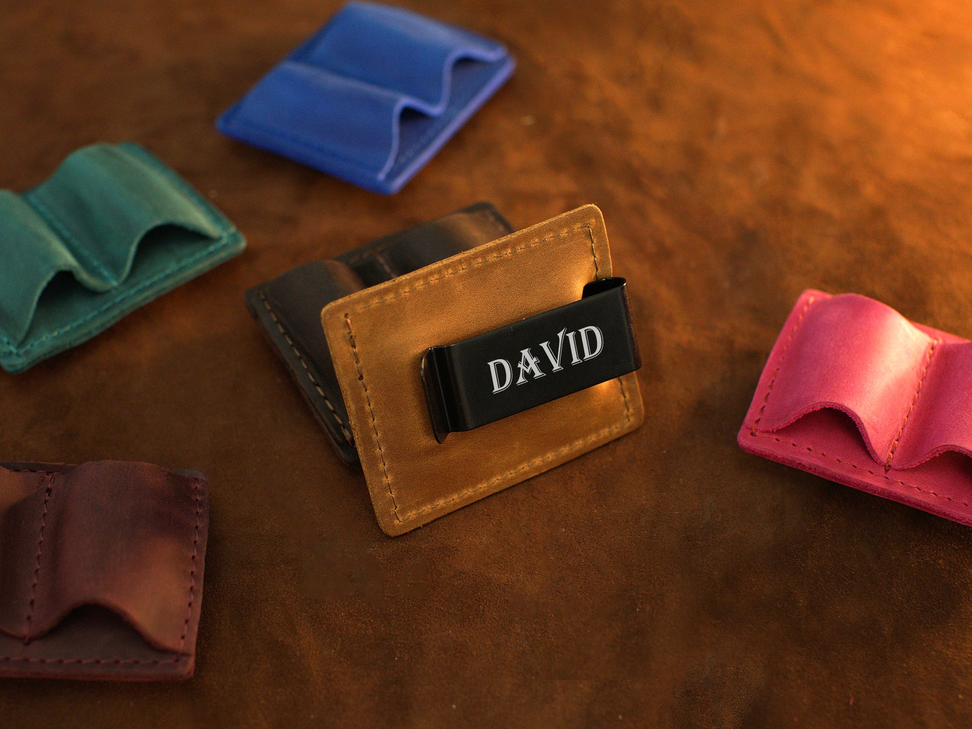 Close-up of leather pen holder stitching and edge detail