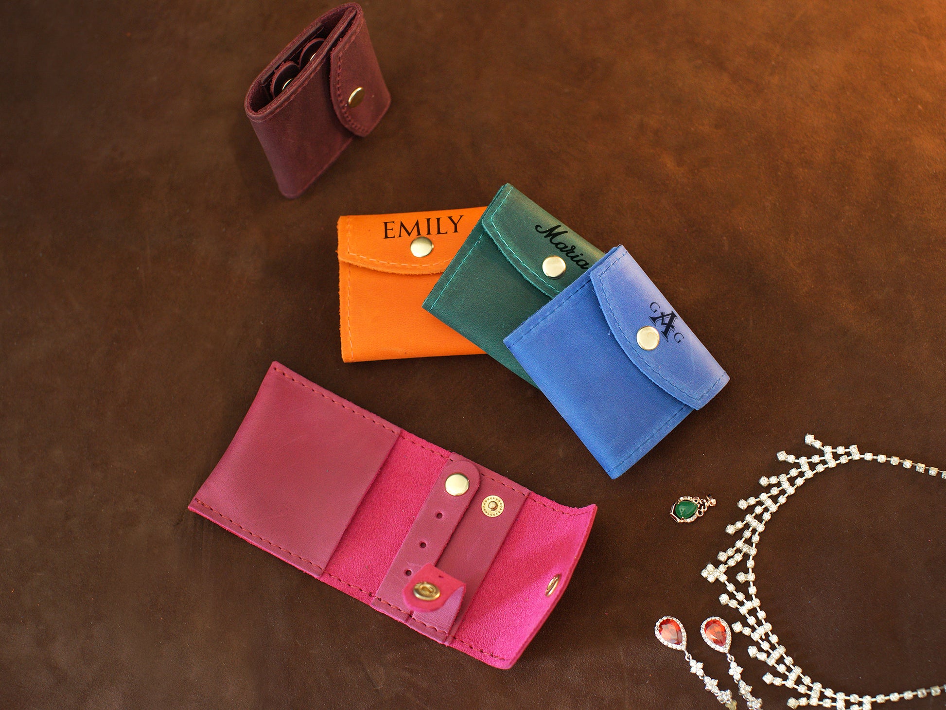  Close-up of leather jewelry pouch closure and hardware detail