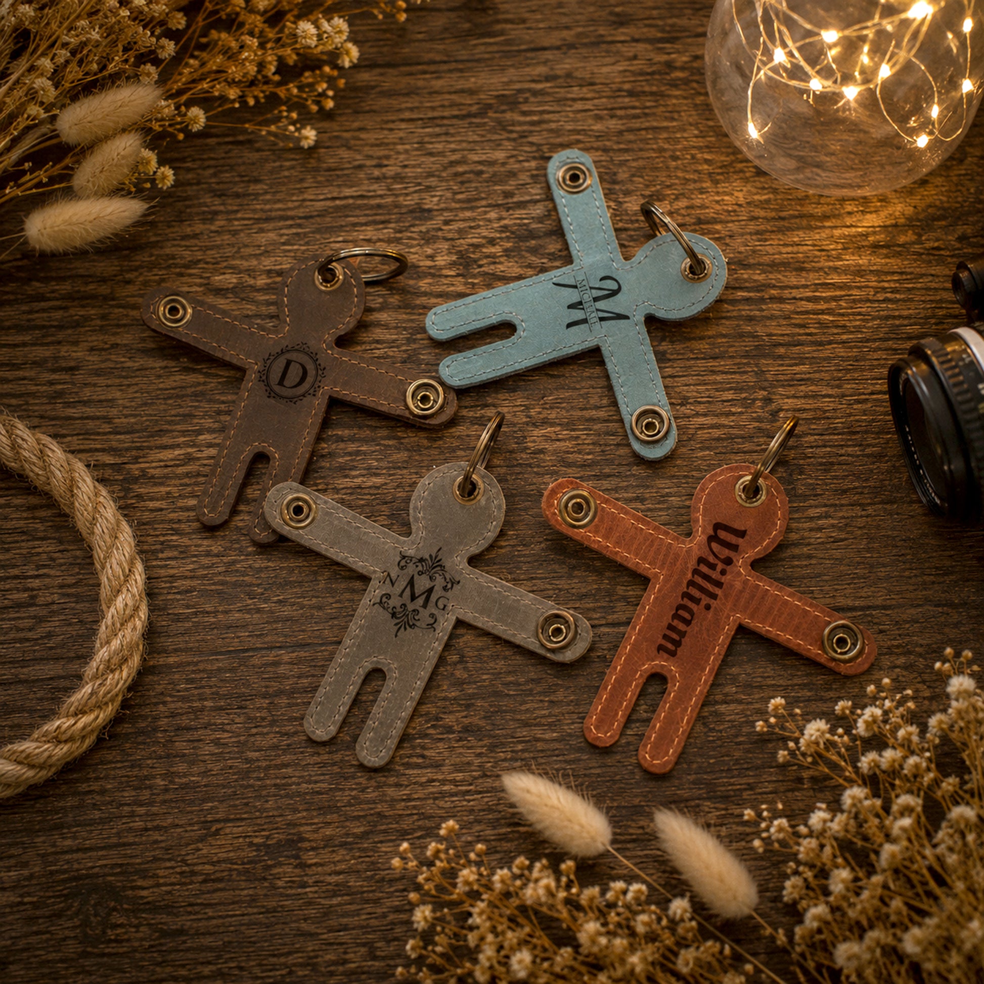 Four leather-shaped keychains arranged on a rustic wooden surface with dried flowers, rope, fairy lights, and a camera lens as styled props. The keychains are in brown, light blue, gray, and terracotta colors, each with engraved initials or names.