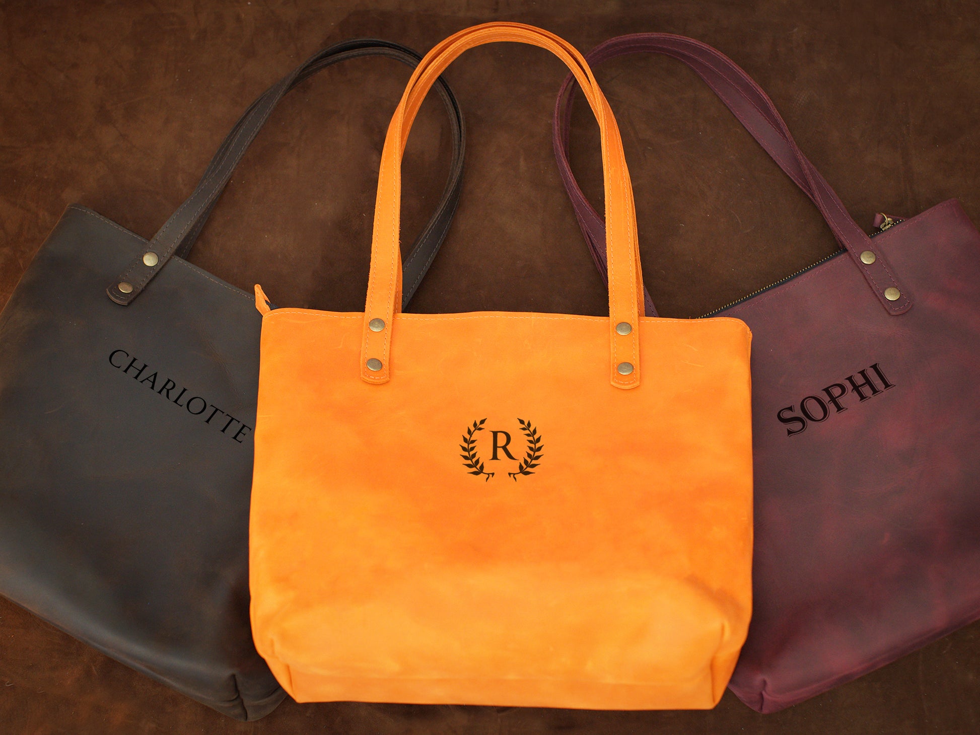 Premium leather shoulder bag with name stamp, warm earthy tone