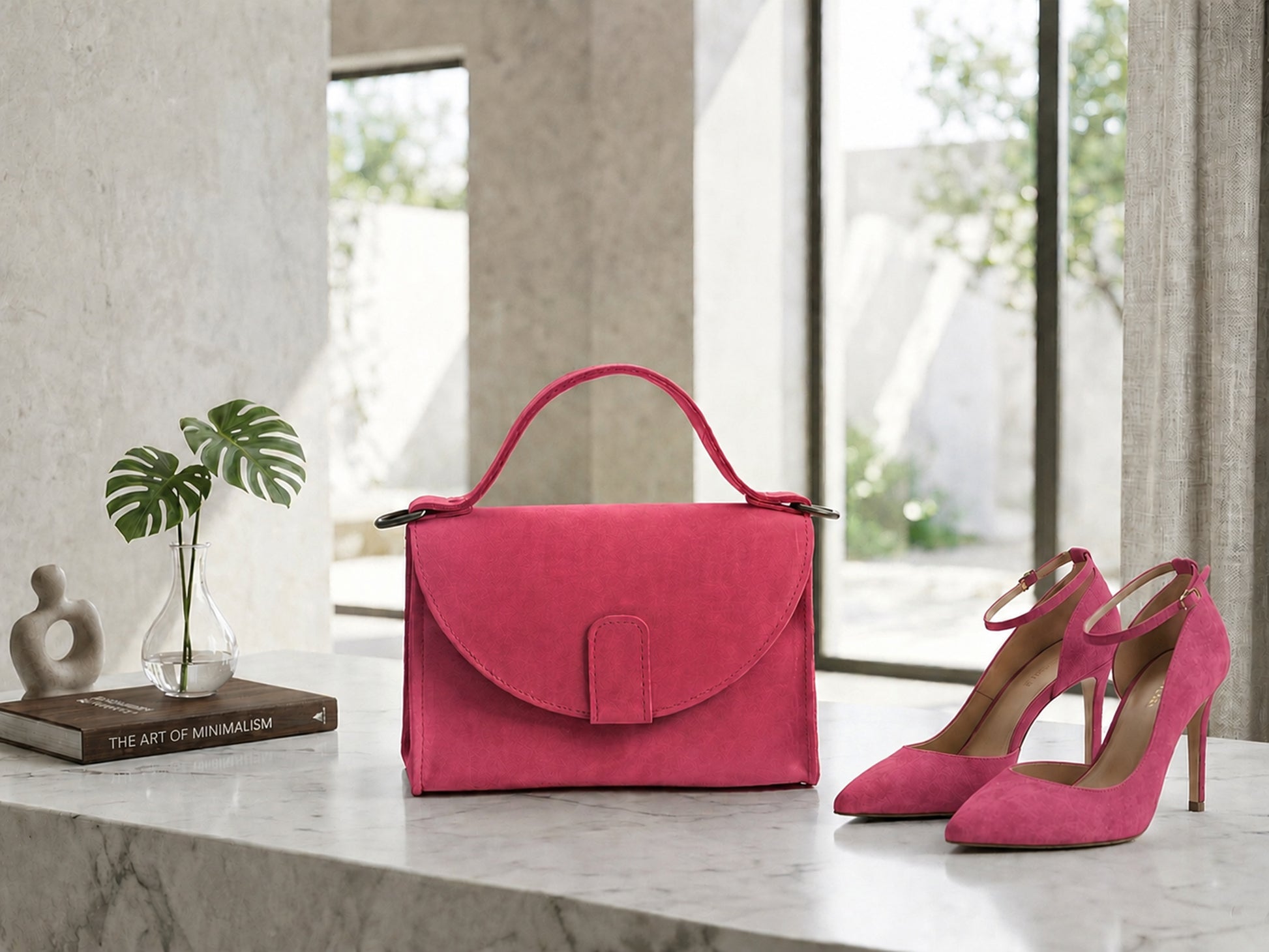 Pink handbag and high heels on a marble surface with a blurred outdoor background