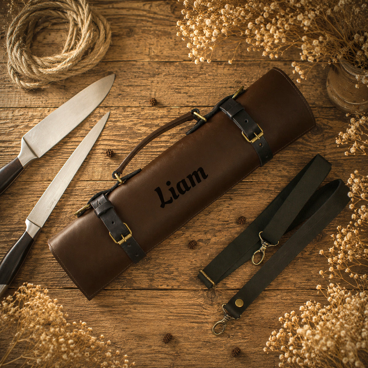 Leather knife roll with adjustable strap and closure detail, durable brass hardware