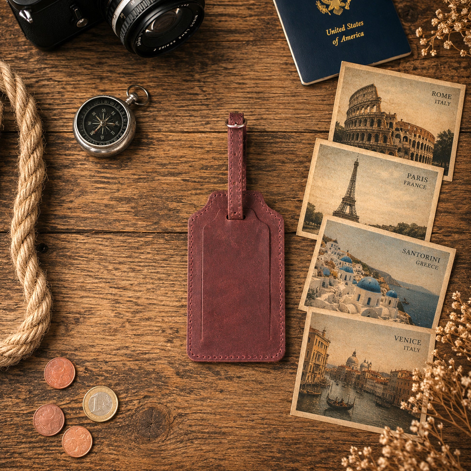 A dark reddish-brown leather luggage tag lies on a rustic wooden tabletop, surrounded by travel-themed props including a camera, compass, passport, coins, rope, dried flowers, and vintage-style Rome, Paris, Santorini, and Venice postcards.