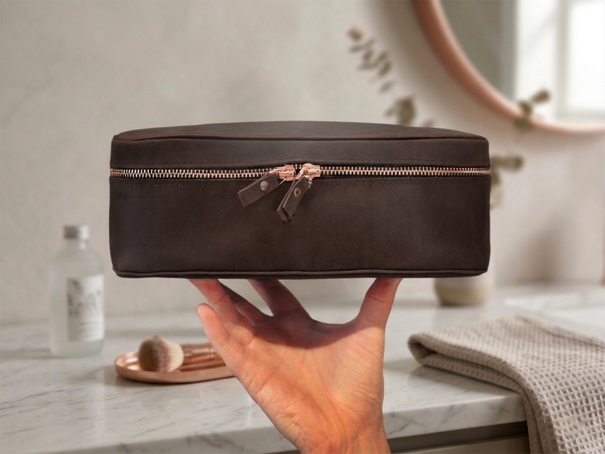 Premium leather delicates case with name stamp, warm brown leather