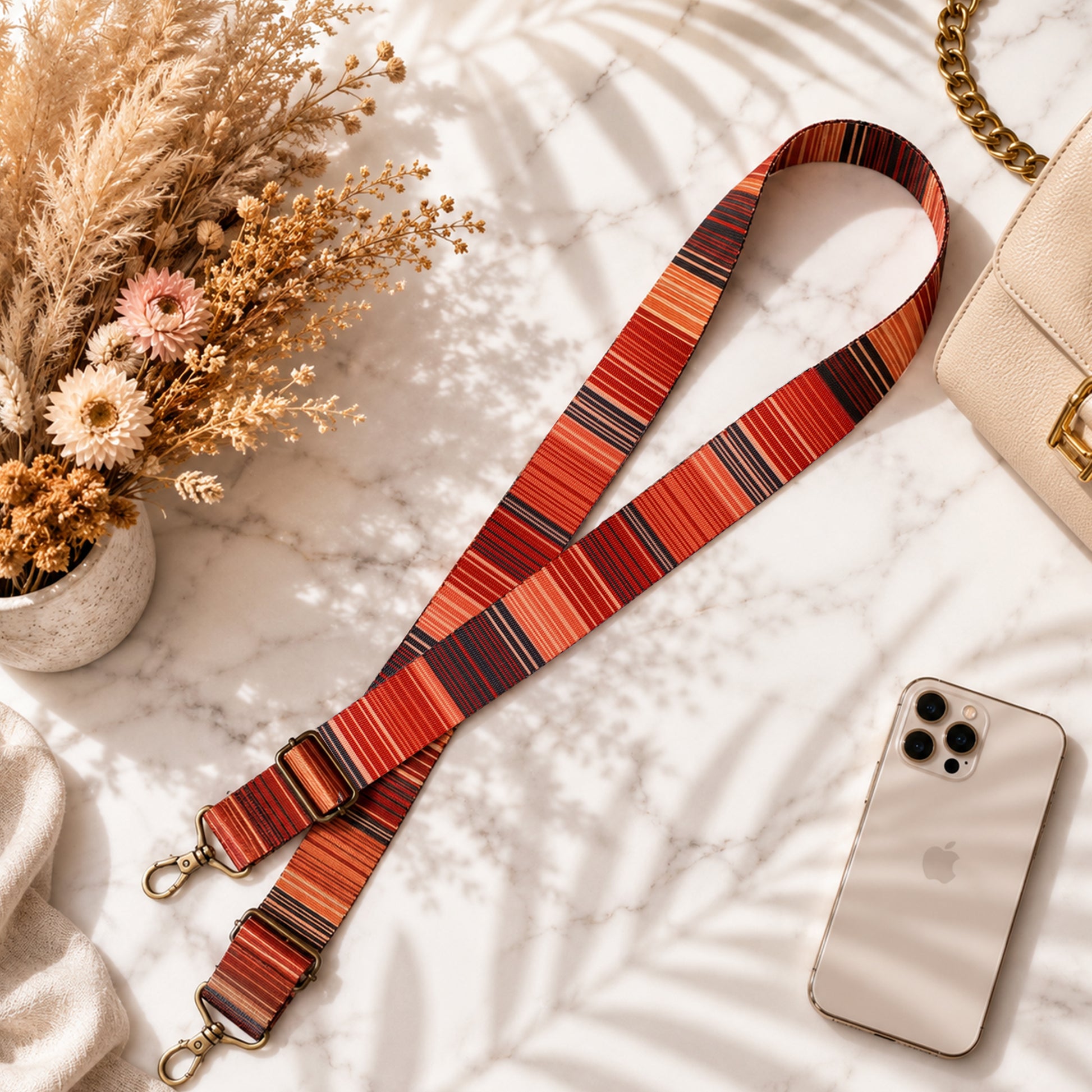 Striped lanyard on a marble surface with a phone and flowers