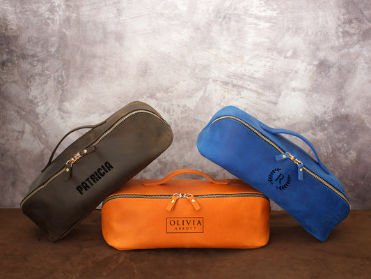 "The Stylist Case" Personalized Leather Hair Dryer Bag - Handcrafted Travel Organizer for Dyson & Essentials