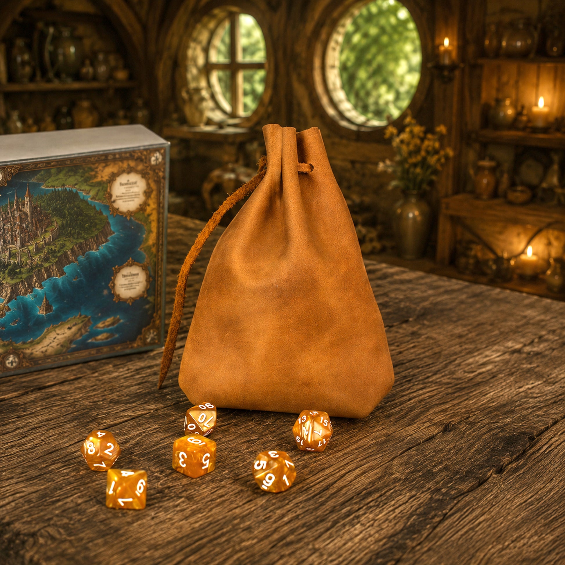 A tan leather drawstring pouch stands on a rustic wooden table, with several translucent amber polyhedral dice scattered in front. A fantasy map box is partially visible on the left, and the scene is set in a warmly lit medieval-style room with stone walls and round windows.