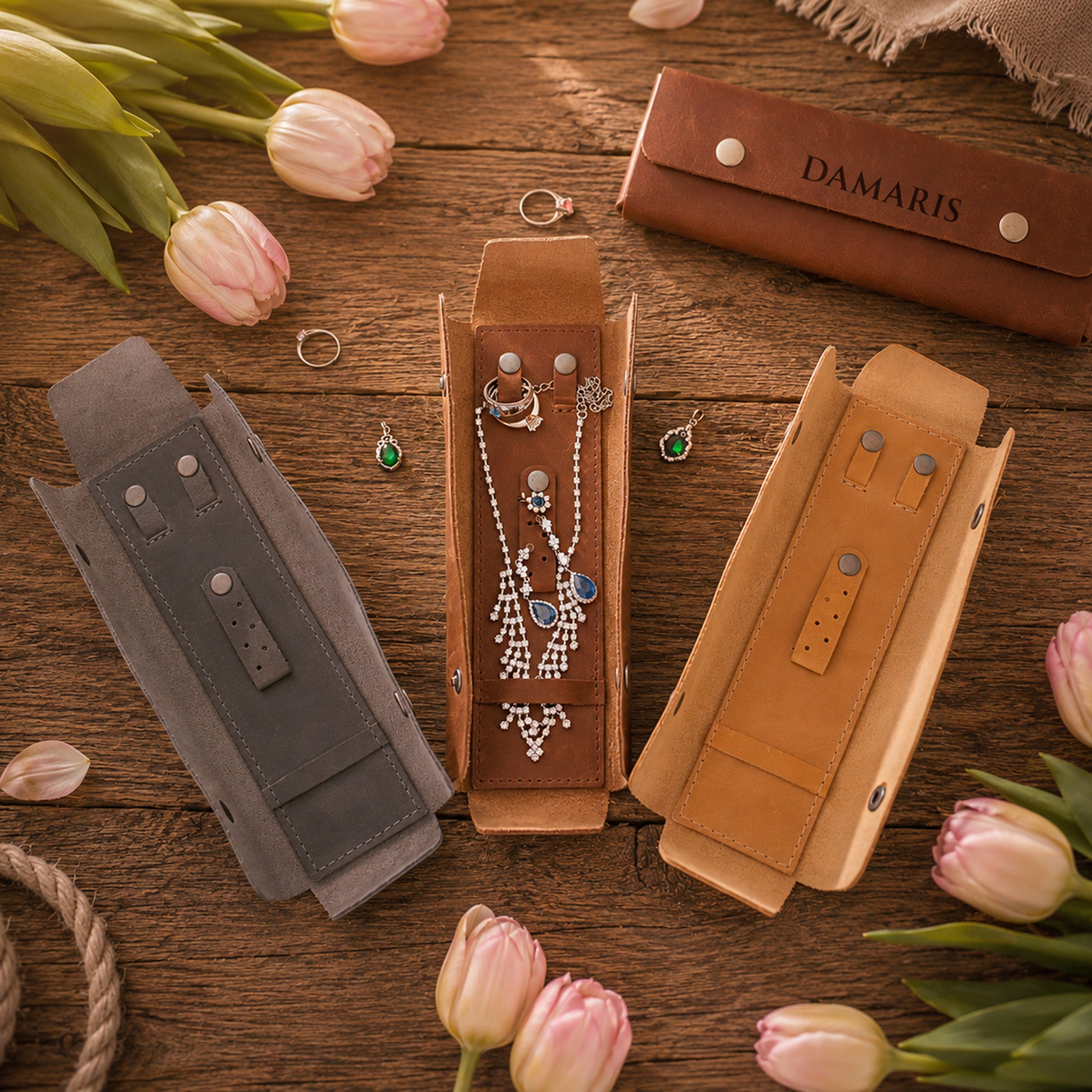 Three leather jewelry organizer pouches in gray, tan, and brown are arranged on a rustic wooden table with pink tulips. The tan and brown pouches are open to display hanging silver jewelry, including a beaded necklace and rings, while the gray pouch is closed.