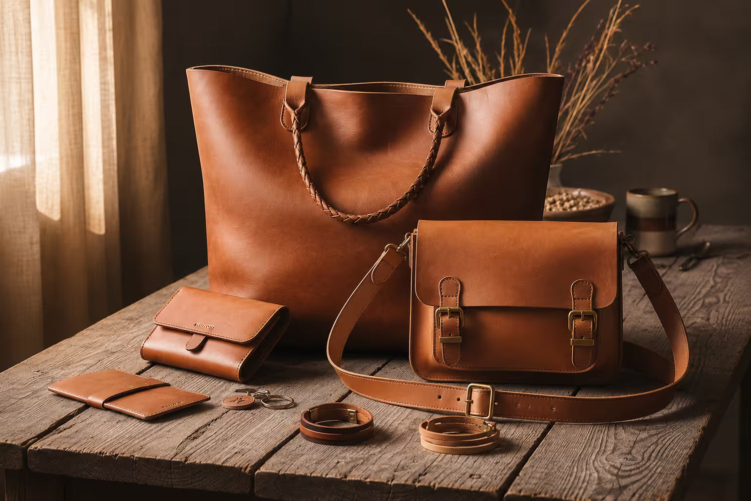 Set of brown leather bags and accessories on a wooden table