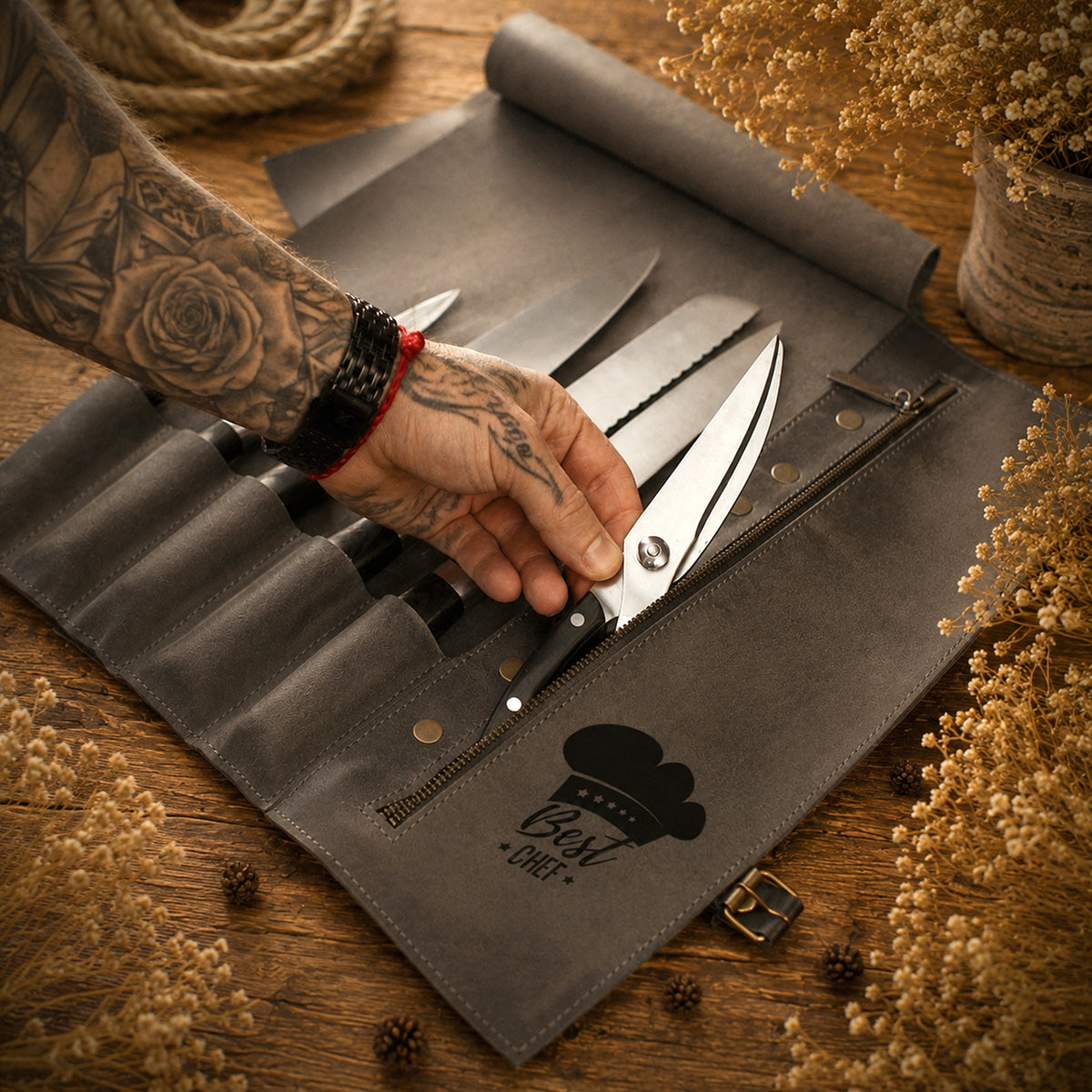 Personalized leather knife roll with monogram engraving, handcrafted blade guard
