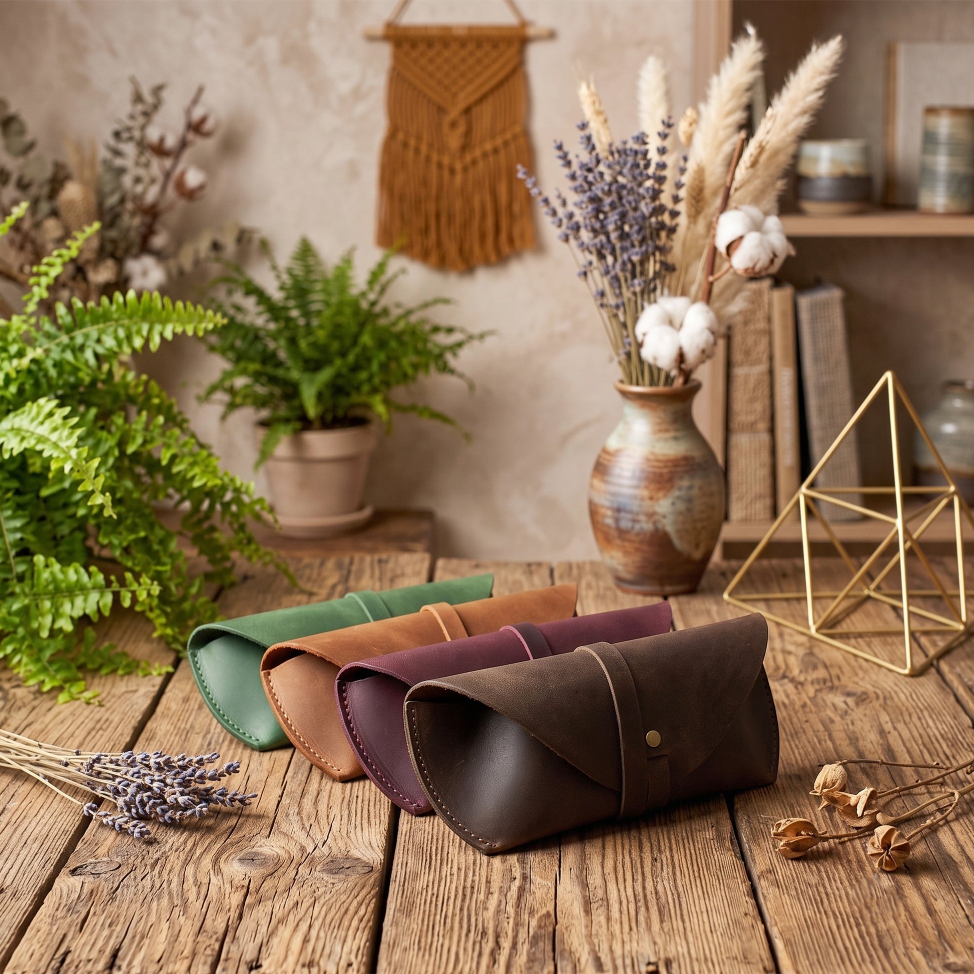 Four leather eyeglasses cases in green, tan, mauve, and dark brown are arranged on a rustic wooden table, styled with dried lavender, cotton, a macrame wall hanging, and a ceramic vase in the background.