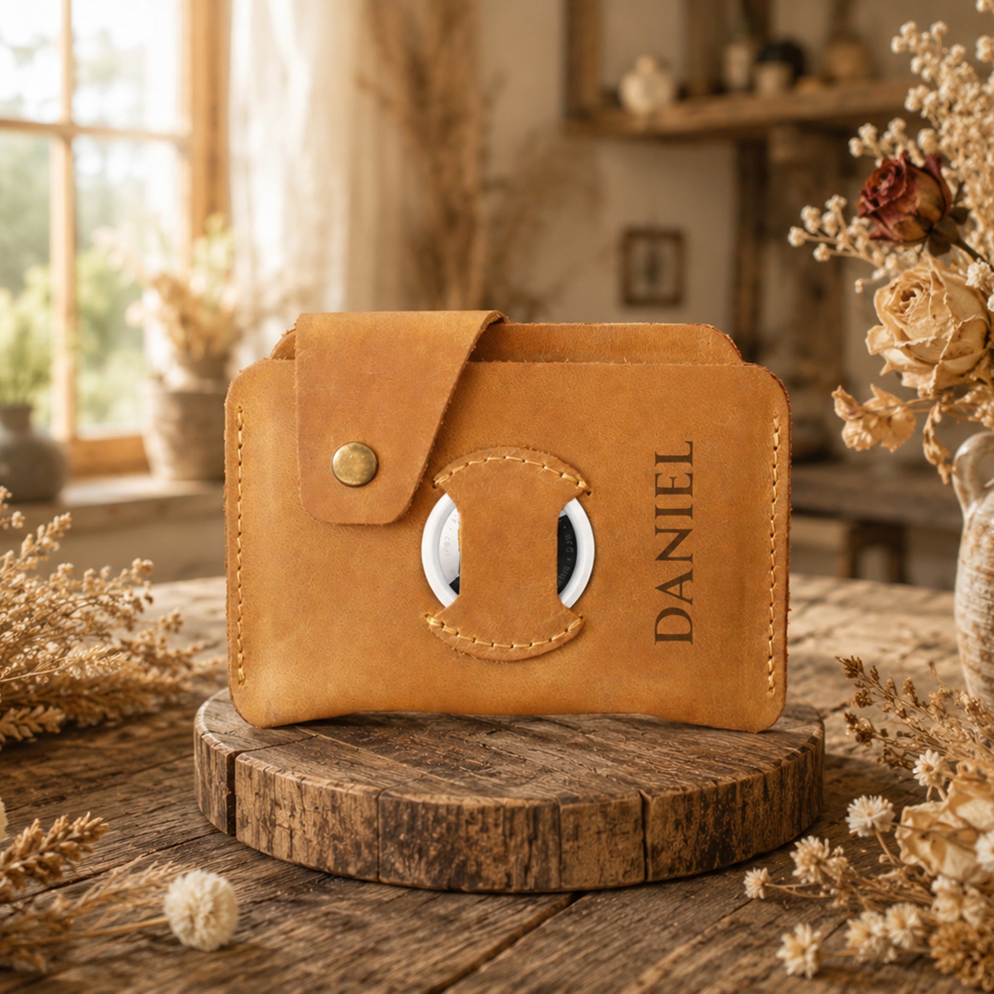 Personalized monogram engraving on handcrafted leather slim wallet