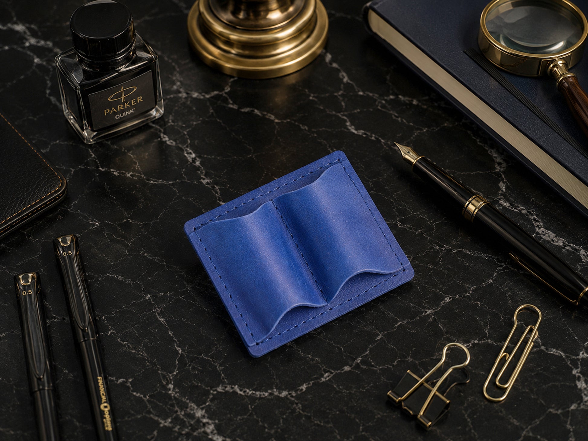 Leather pen holder zipper detail, smooth glide closure